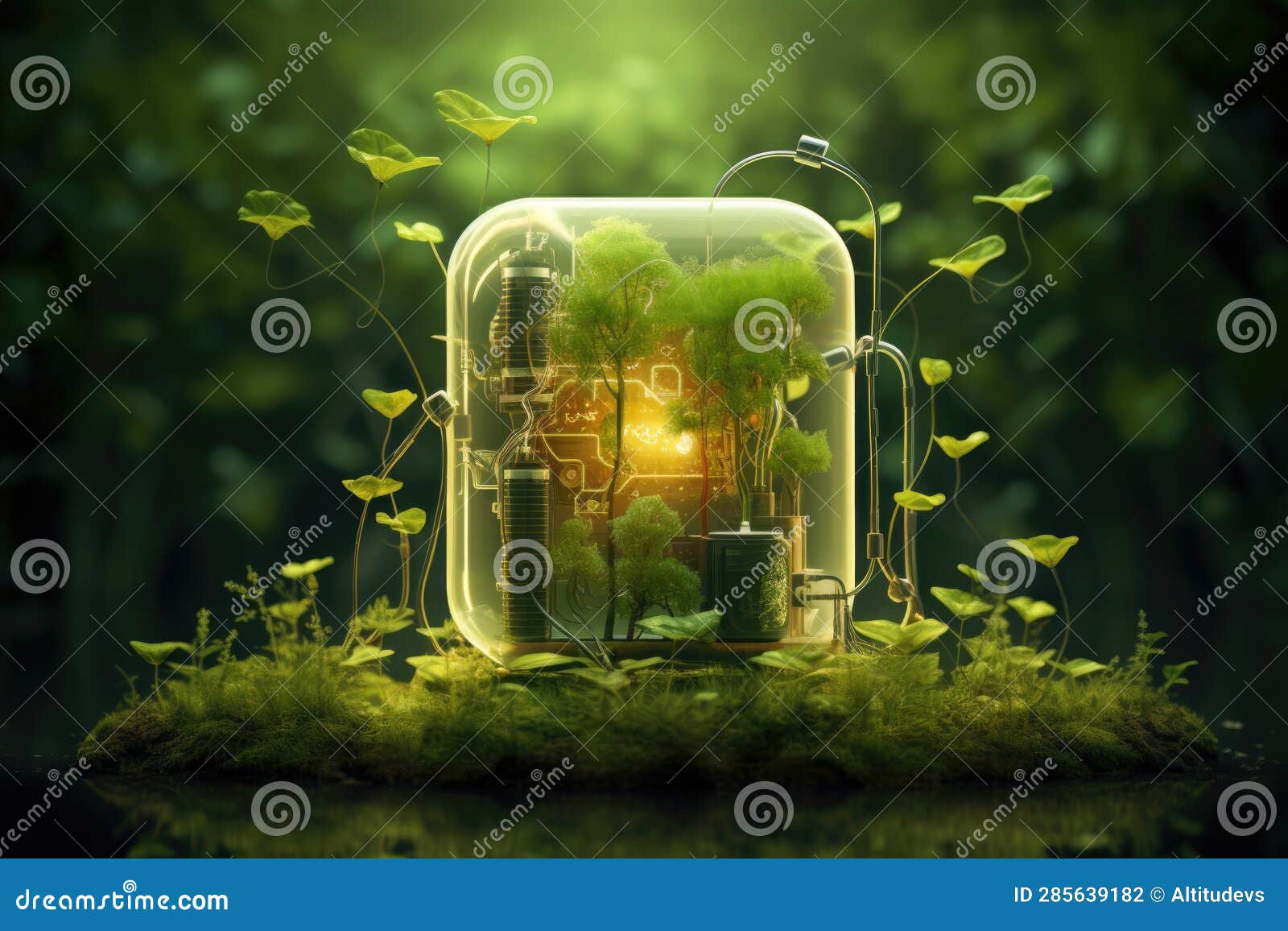Green Energy Concept with Microbial Fuel Cells and Plants Stock Photo