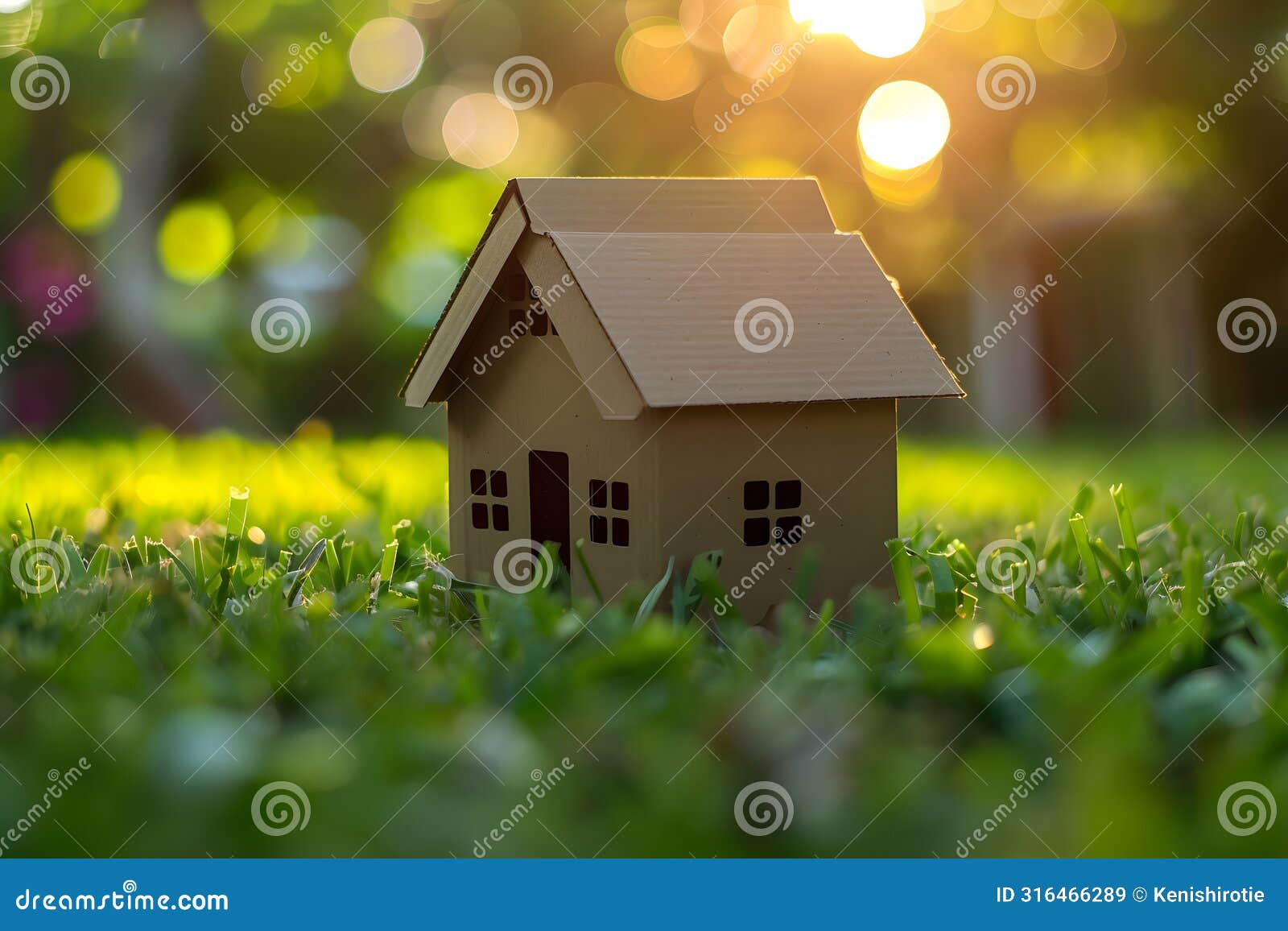 green and environmentally friendly housing concept. miniature wooden house in spring grass on a sunny day.