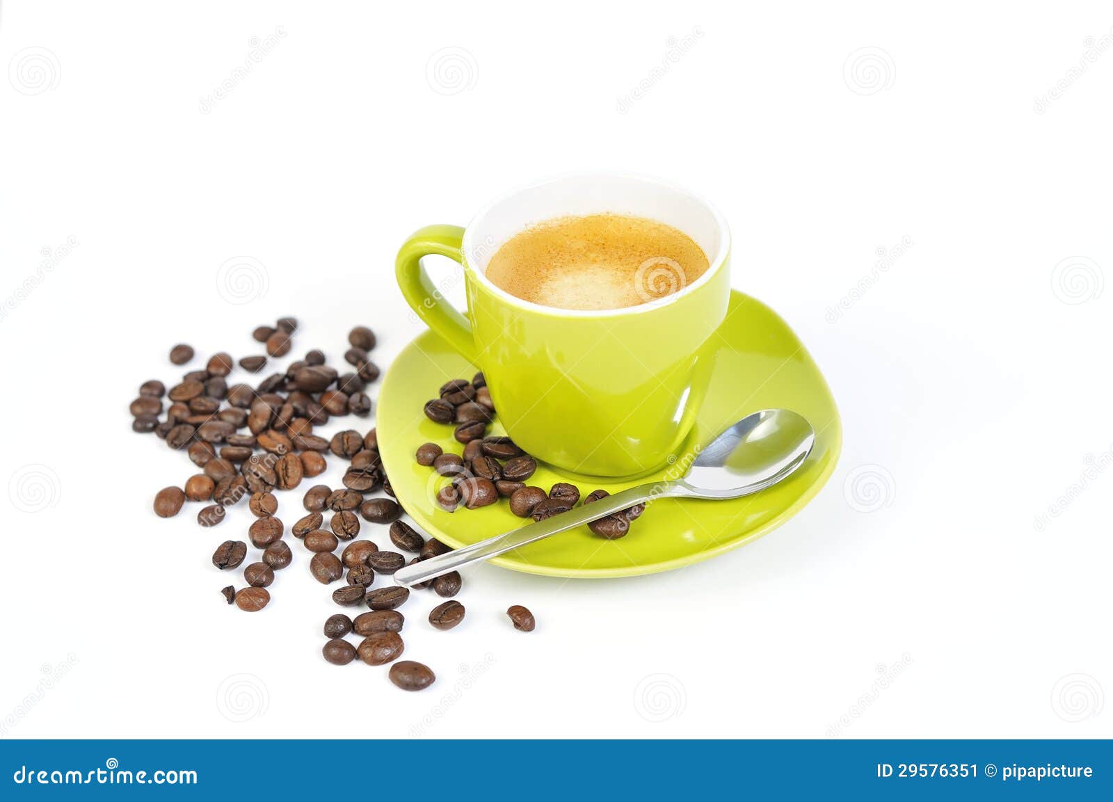 Green Espresso Cup with Coffee Beans and Spoon 2 Stock Image Image of