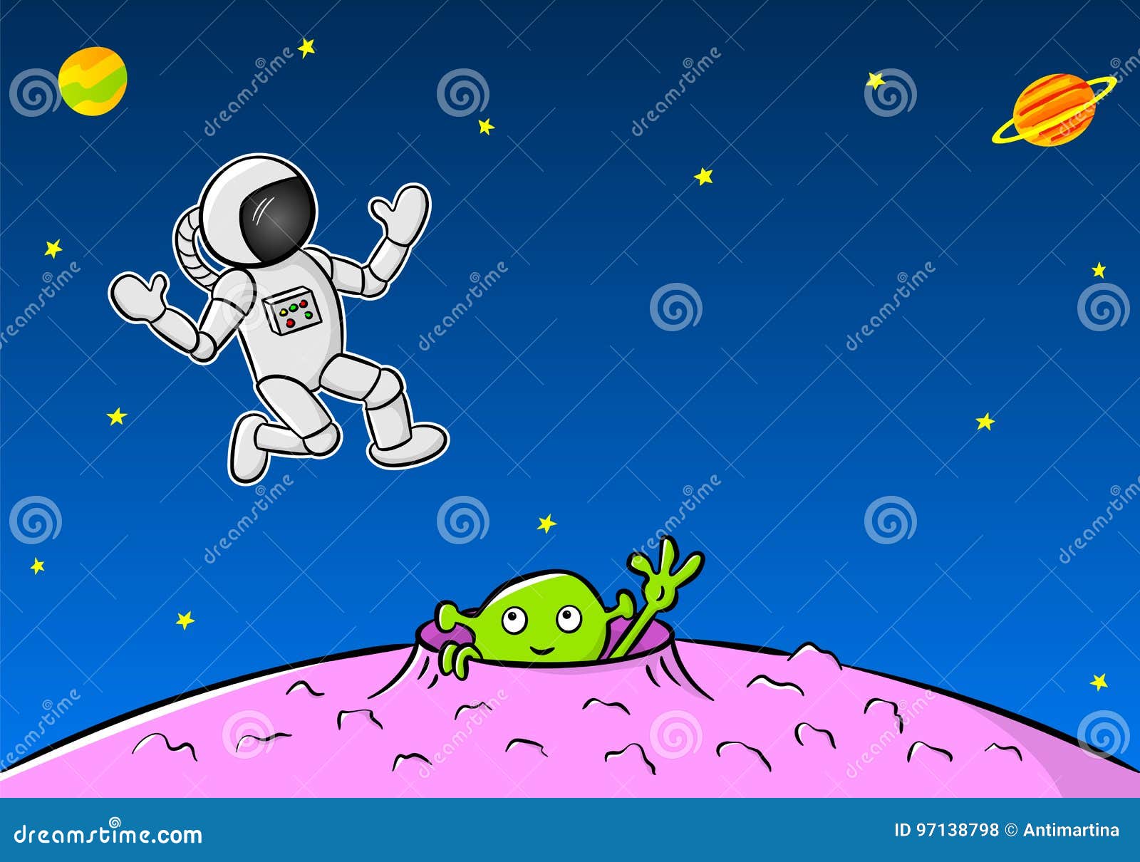 green extraterrestrial waving to an astronaut