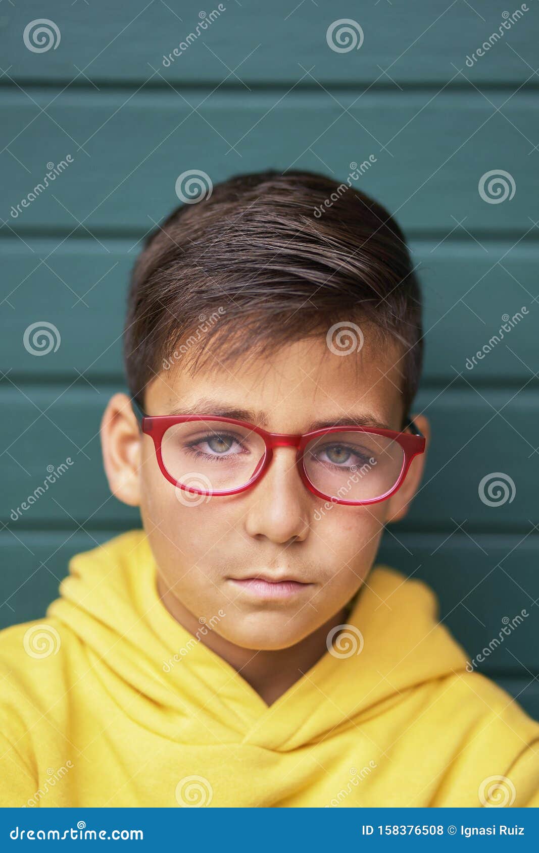 Green Eyes Kid with Red Glasses Portrait Stock Photo Image of person