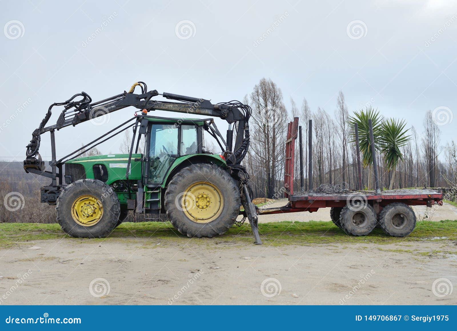Green Farm Tractor with Trailer Editorial Photography - Image of grain ...