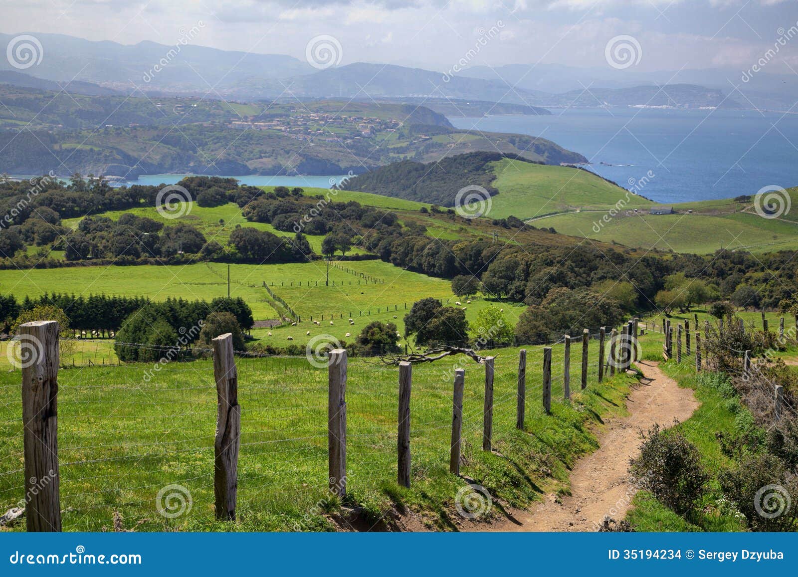 green fields on biscay coast near gorliz, basque country, spain