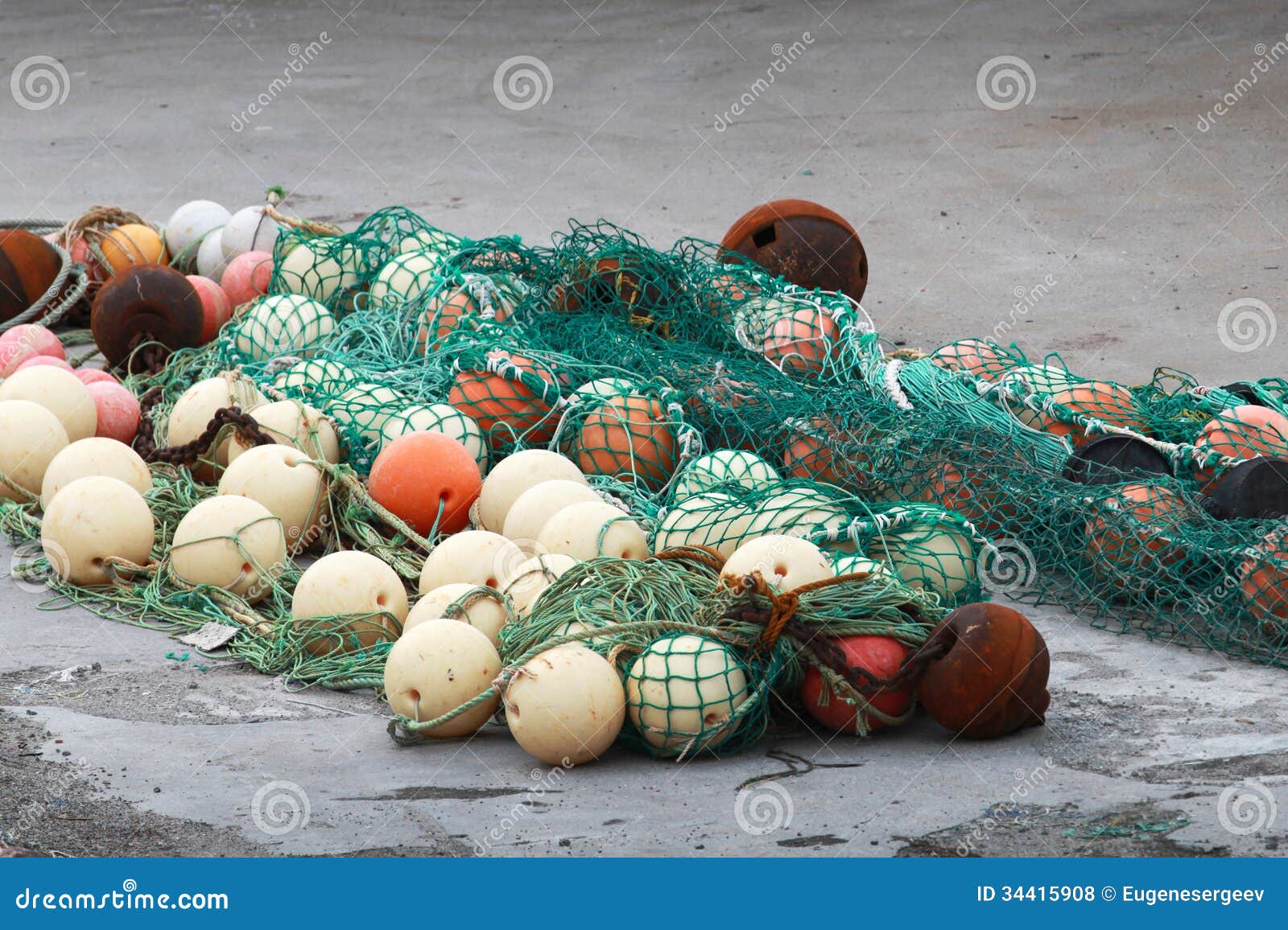 Green Fishing Net with Spherical Buoys Stock Photo - Image of