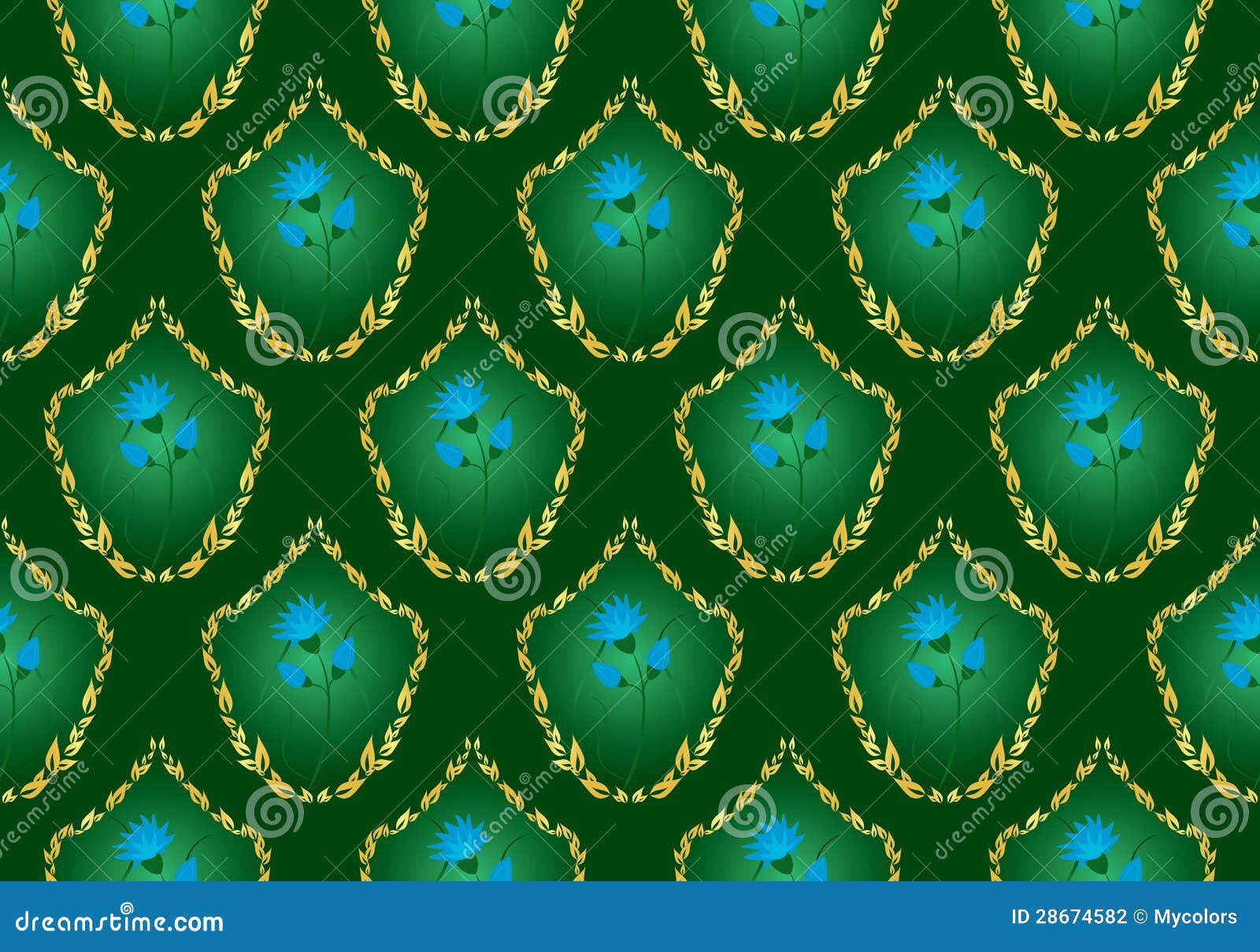 Green Floral Background with Blue Flowers Stock Vector Illustration