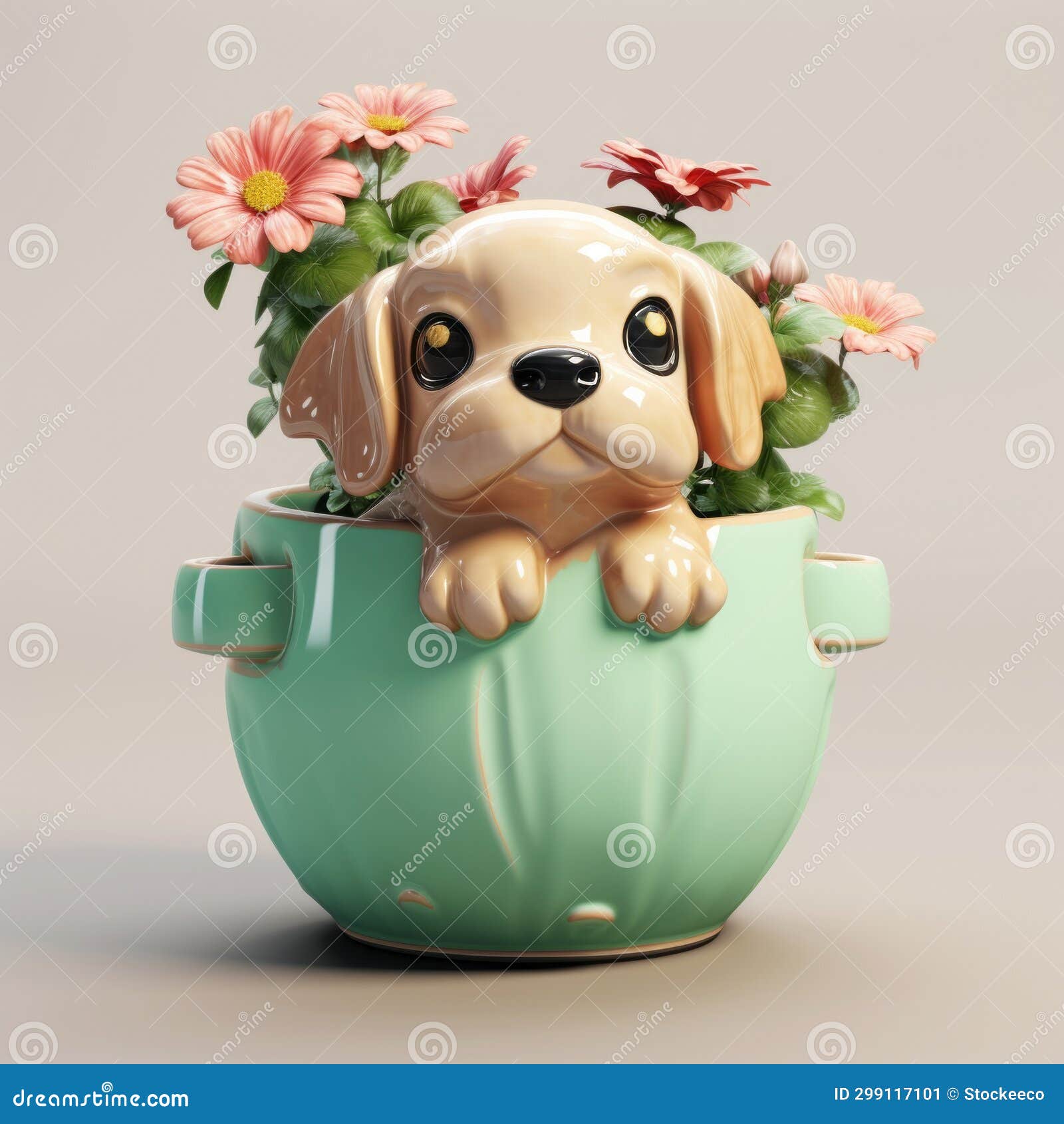 kawaii dog with flower pots: vray tracing art in beige and aquamarine