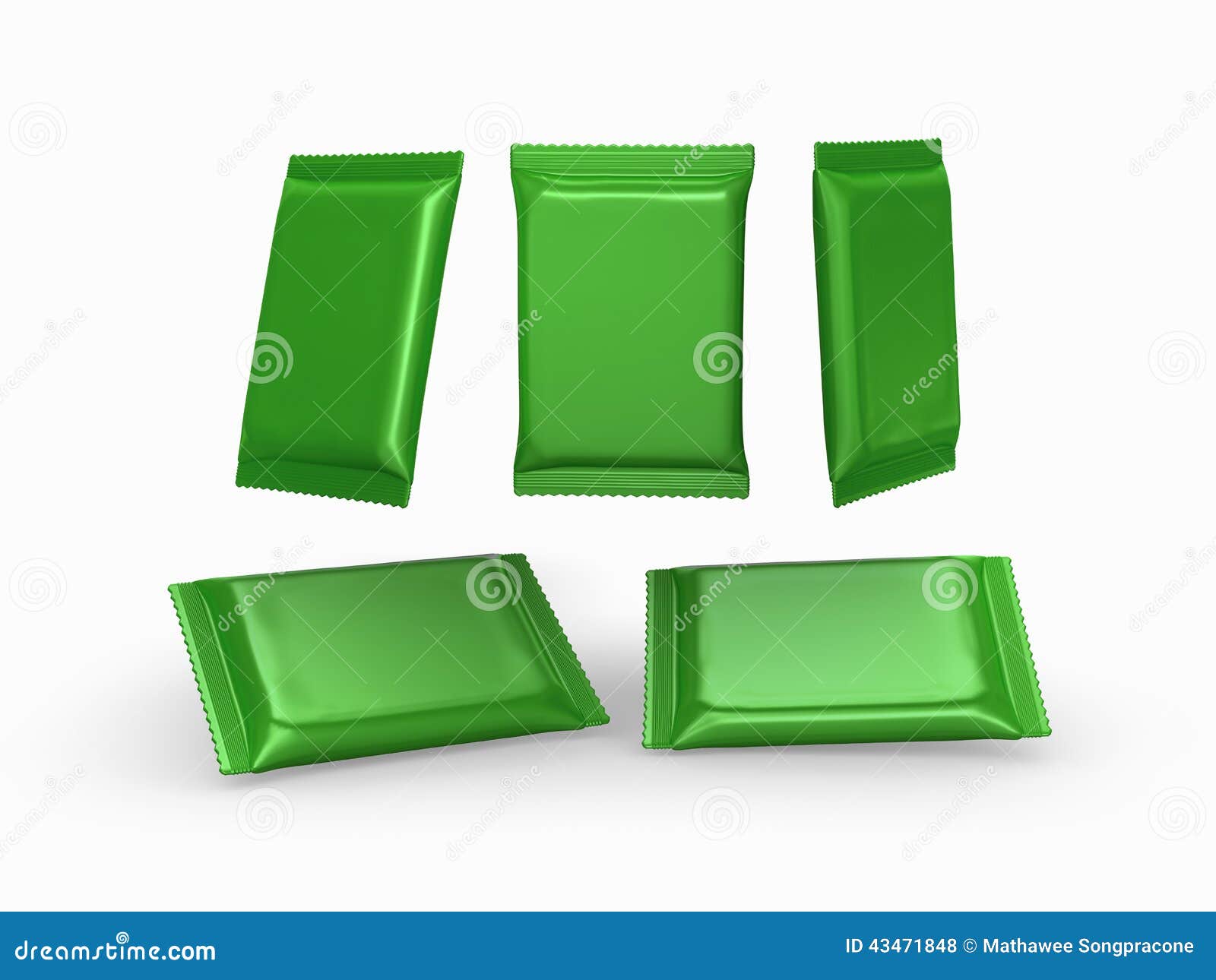 Green Foil Plain Flow Wrap Packet with Clipping Path Stock Illustration