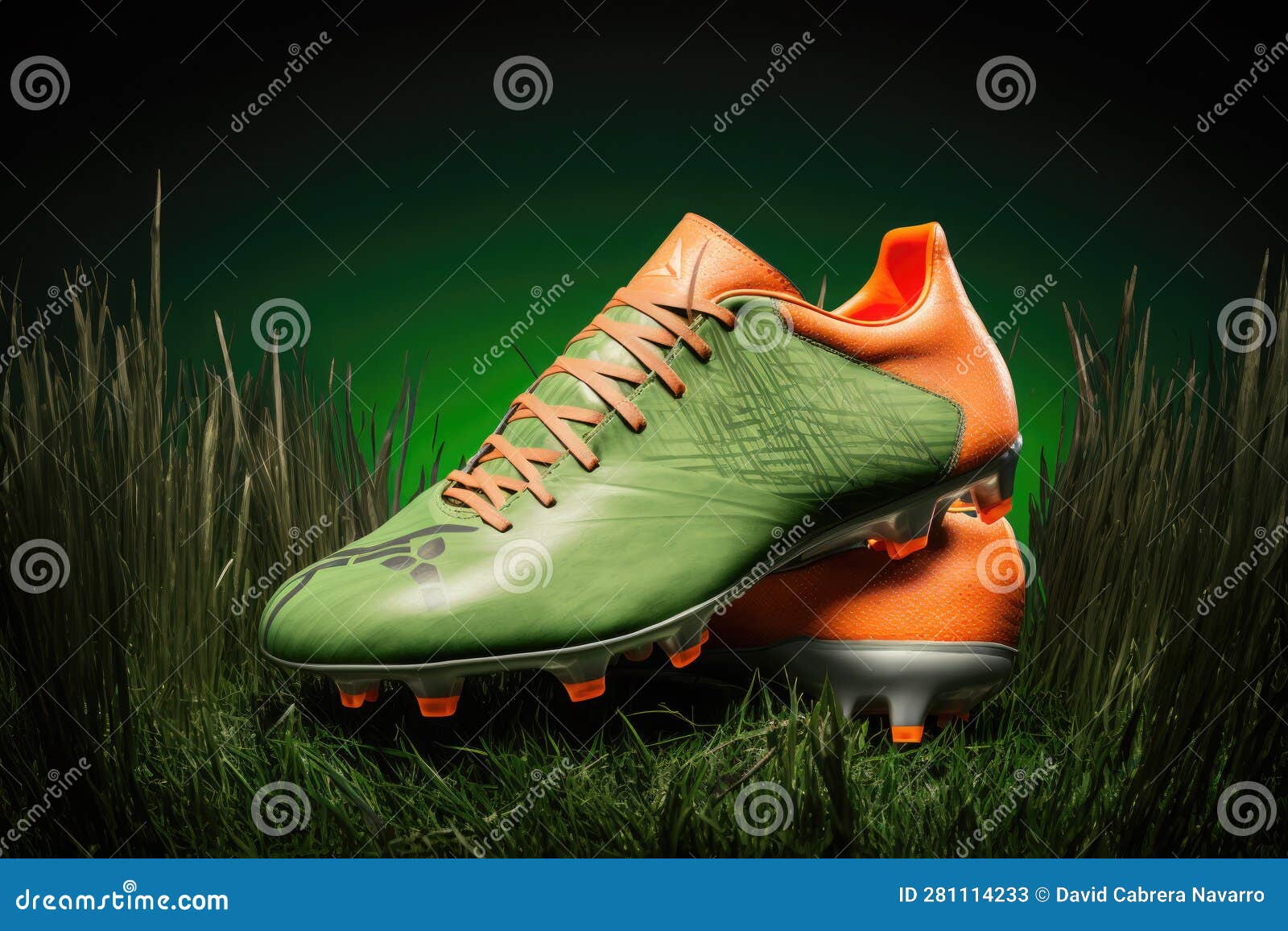 Green Football Boots on the Grass of a Football Field. Ai Generative