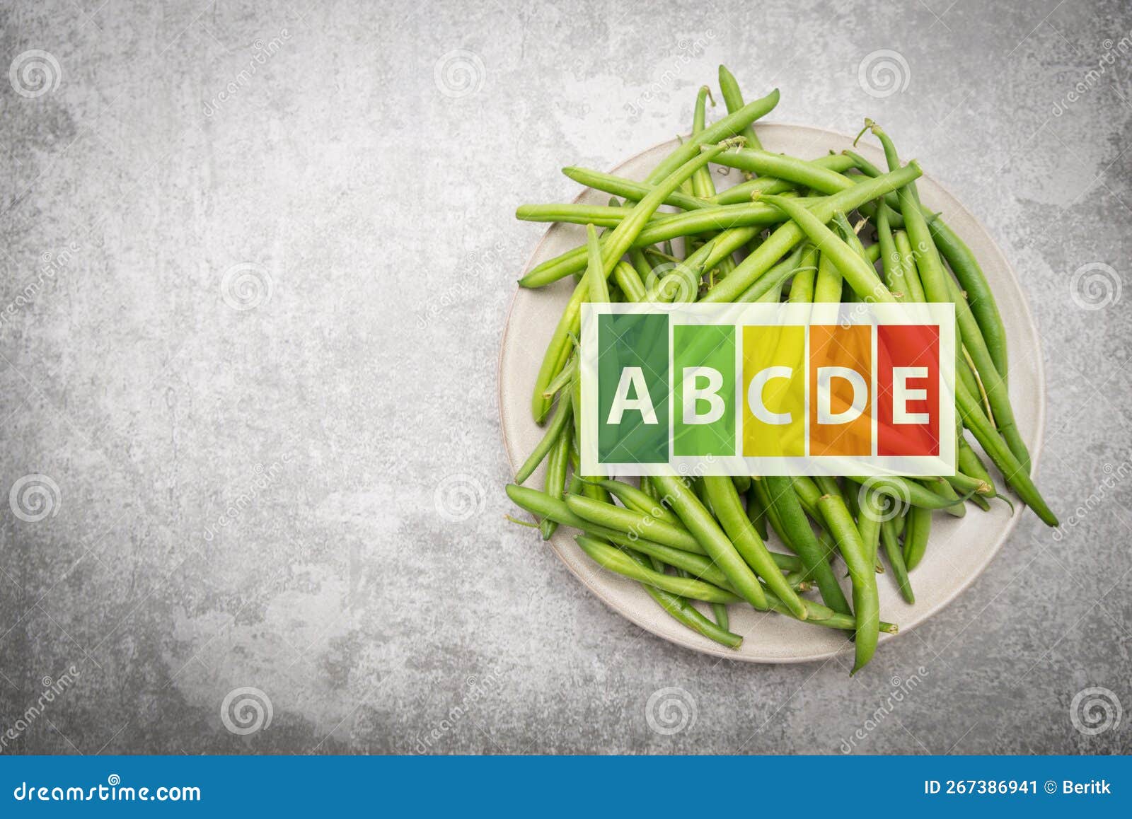 green fresh string beans on a plate, vegetables, healthy food label, high nutritional values