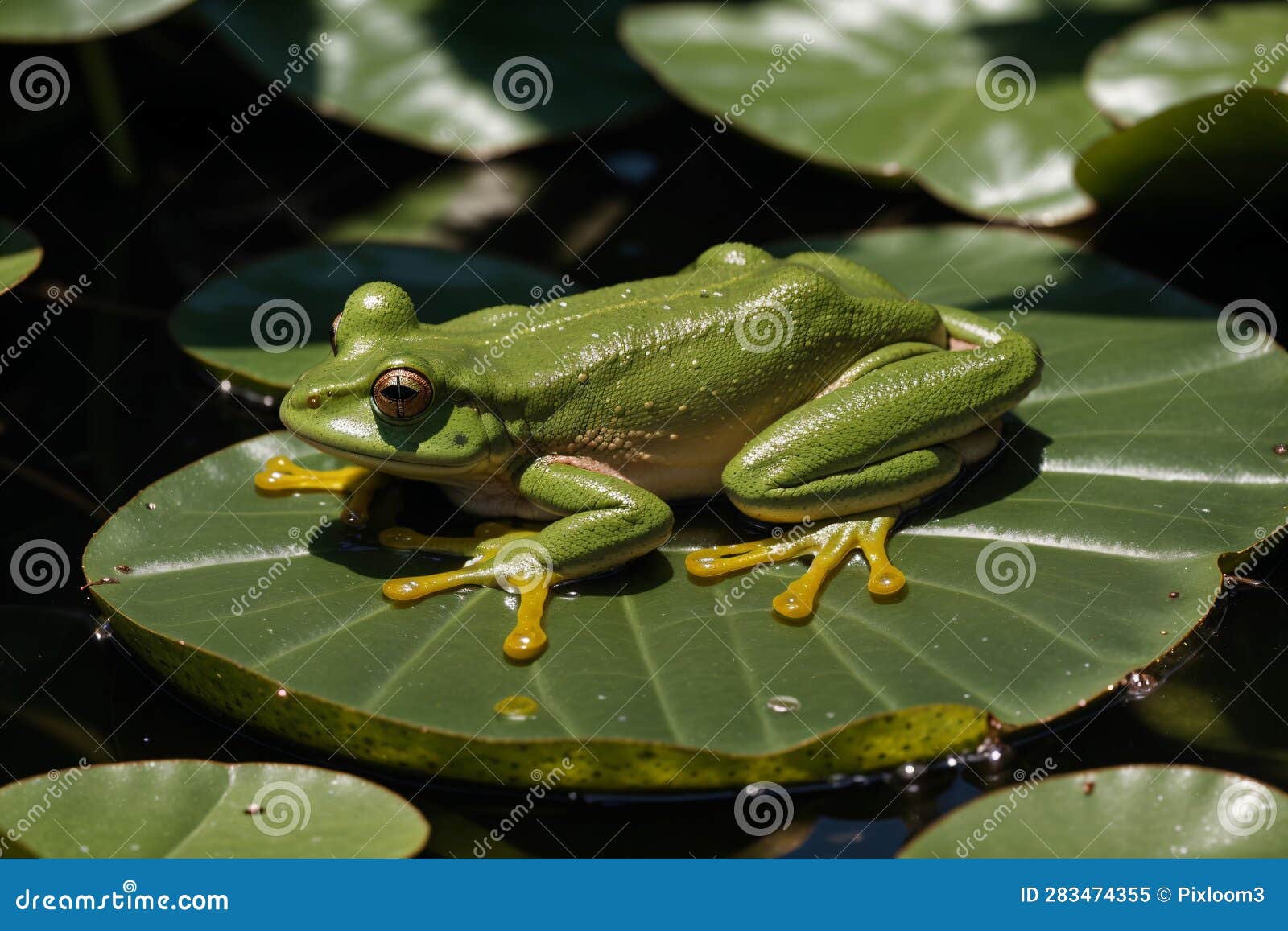 a green frog resting on a lily pad