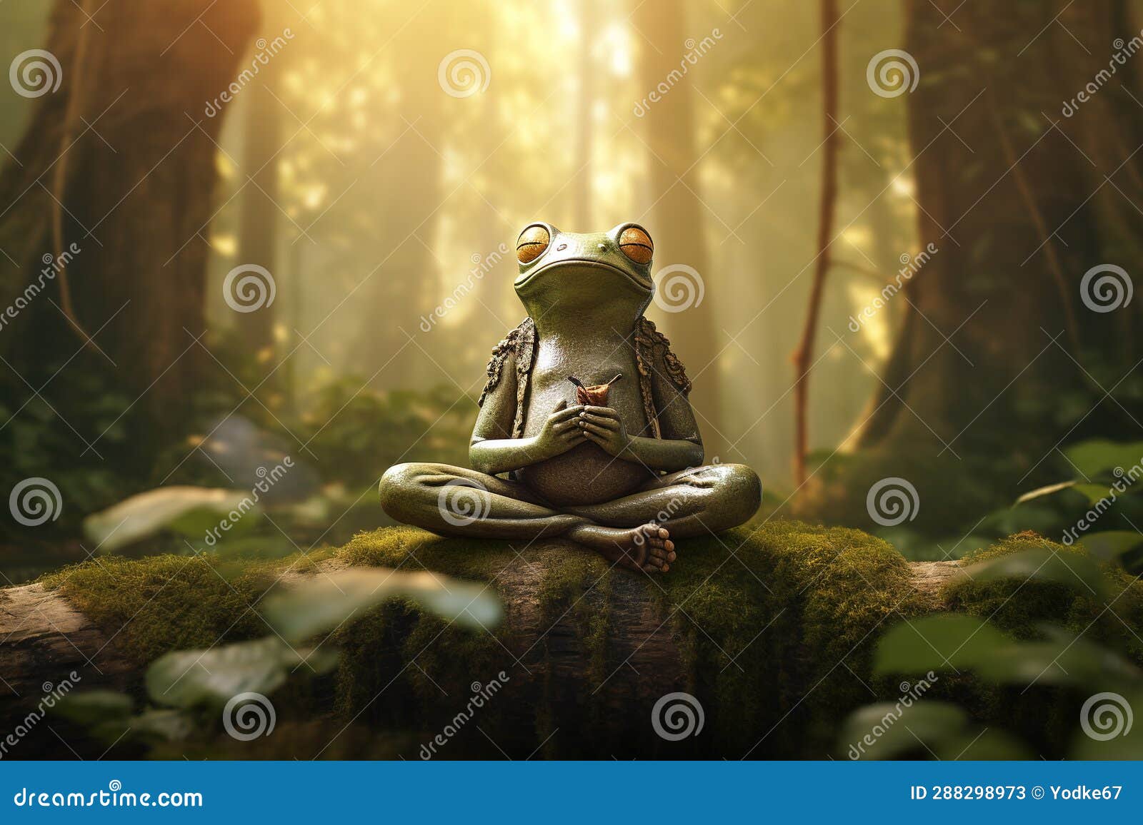 green frog sits in meditation to calm his mind in the forest. amphibian, , generative ai