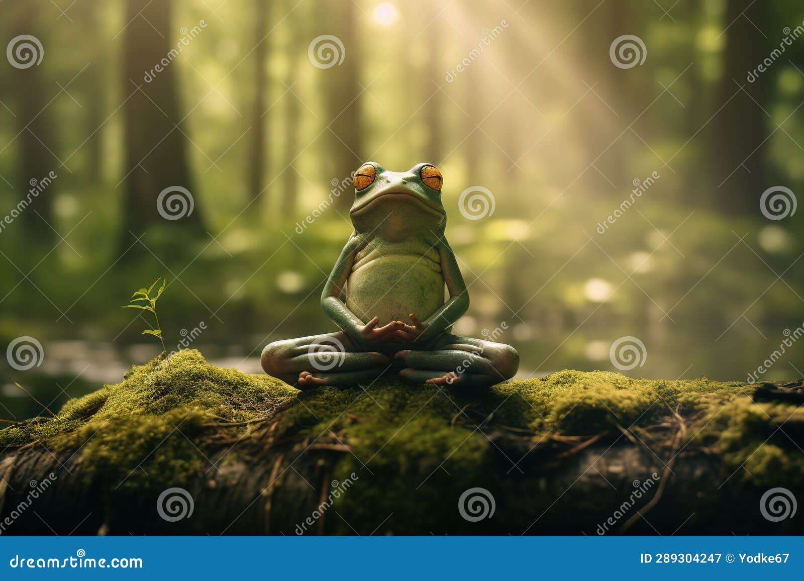 green frog sits in meditation to calm his mind in the forest. amphibian, , generative ai