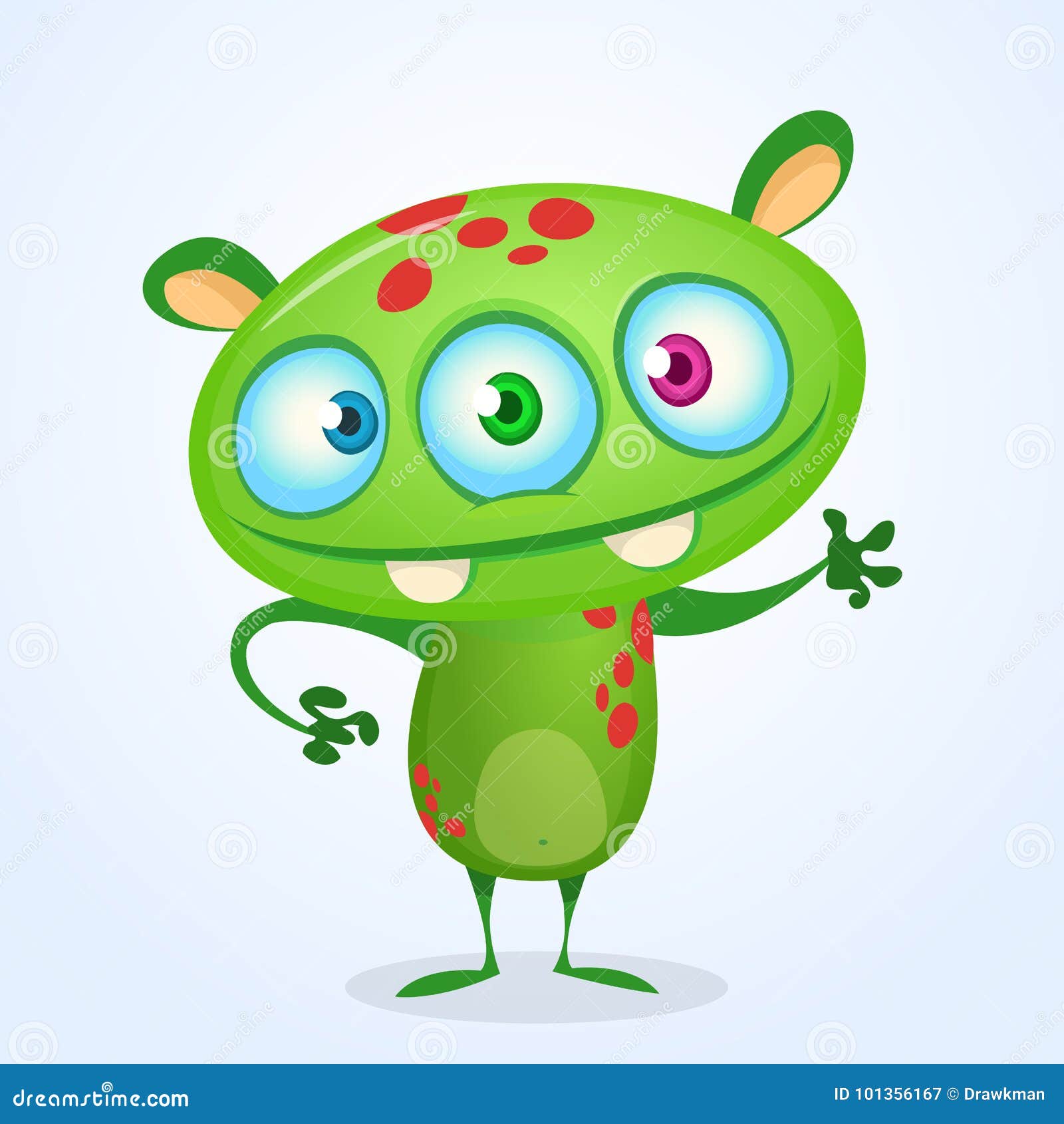 Green Funny Happy Cartoon Monster. Green Vector Alien Character with Three  Eyes Stock Vector - Illustration of icon, green: 101356167
