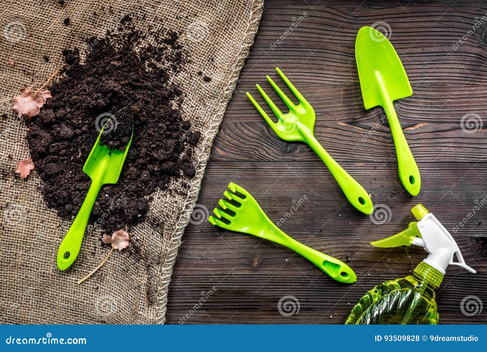 Green Garden Tools and Ground for Planting Flowers on Wooden Table ...