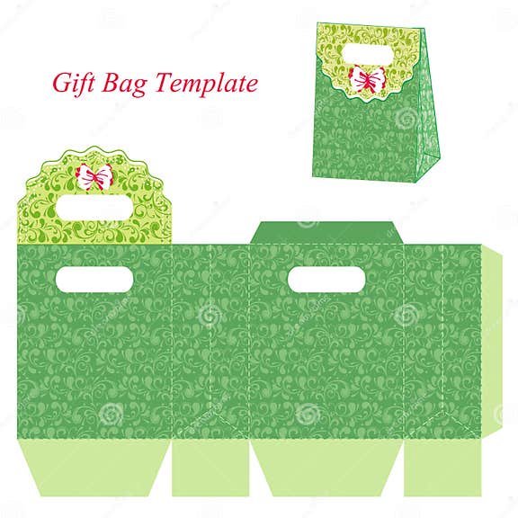 Green Gift Bag Template with Floral Pattern Stock Vector - Illustration ...