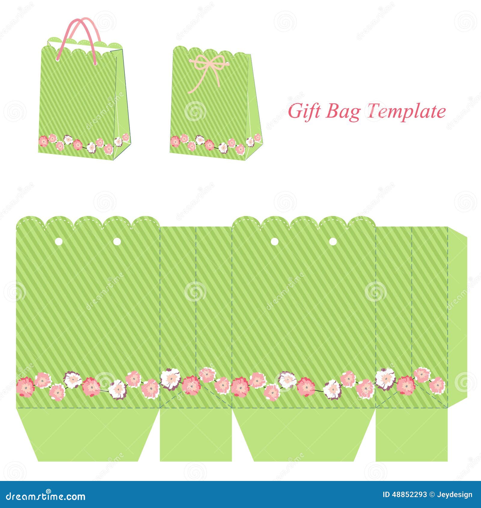 Green Gift Bag Template with Stripes and Flowers Stock Vector Green Gift Bag Template with Stripes and Flowers Stock Vector