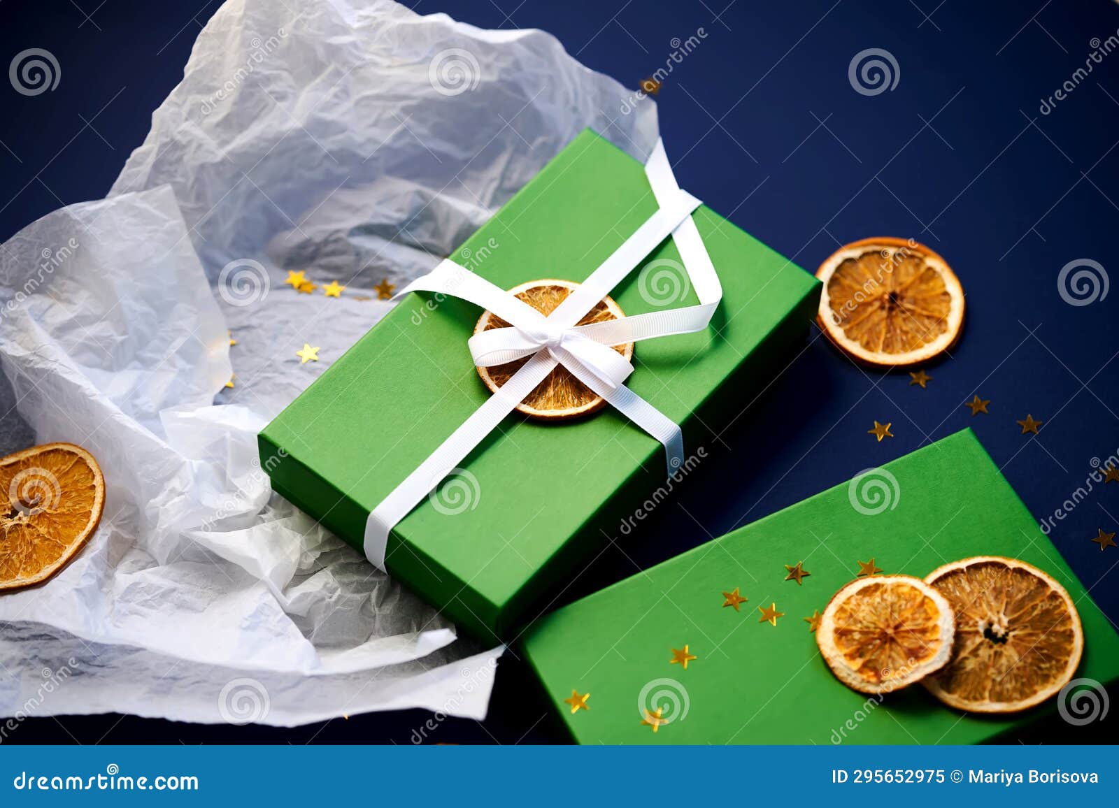 Green Gift Box with White Paper and Oranges. Stock Image Image of