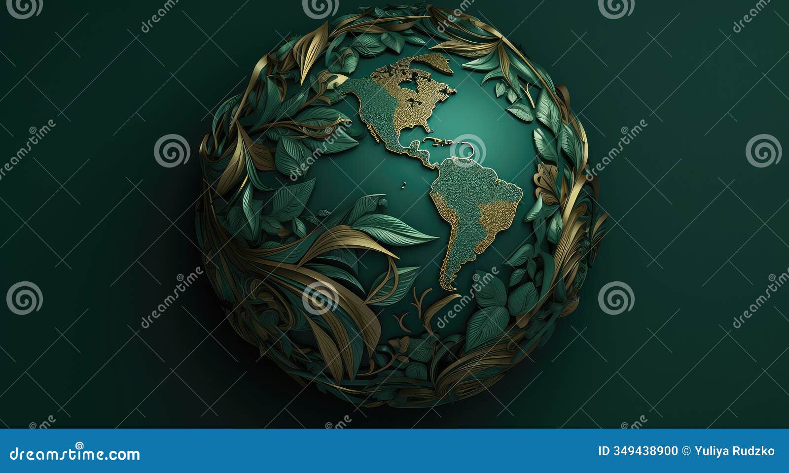 green globe with leaves on a dark emerald and beige background, decorative relief and layered imagery
