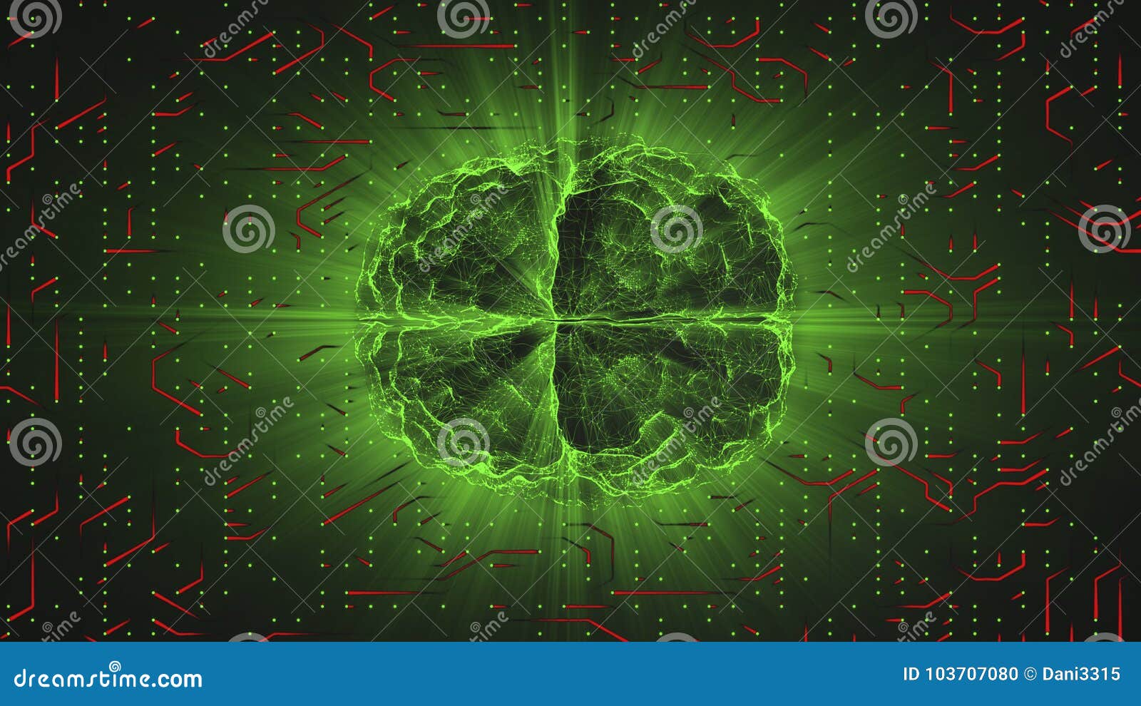 green glowing brain wired on red neural surface or electronic conductors