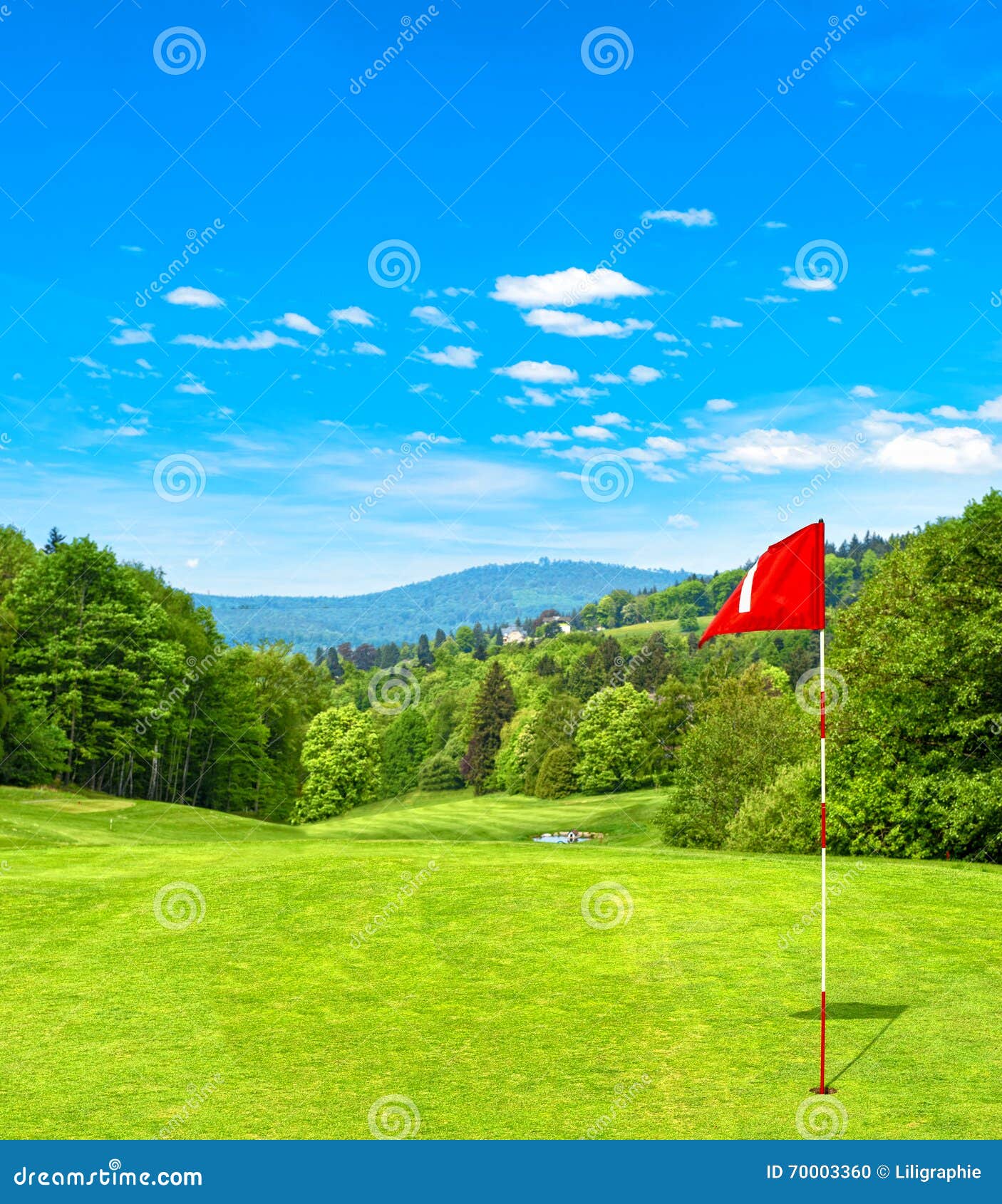 Green Golf Field and Blue Sky. Golf Course Red Flag Stock Photo Image of outdoor, luxury 70003360