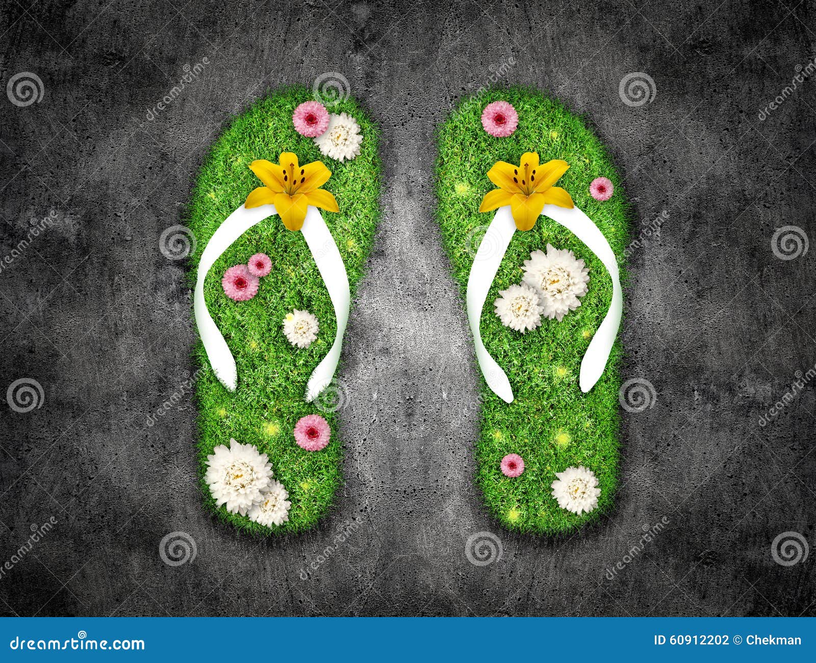 green grass flip flops