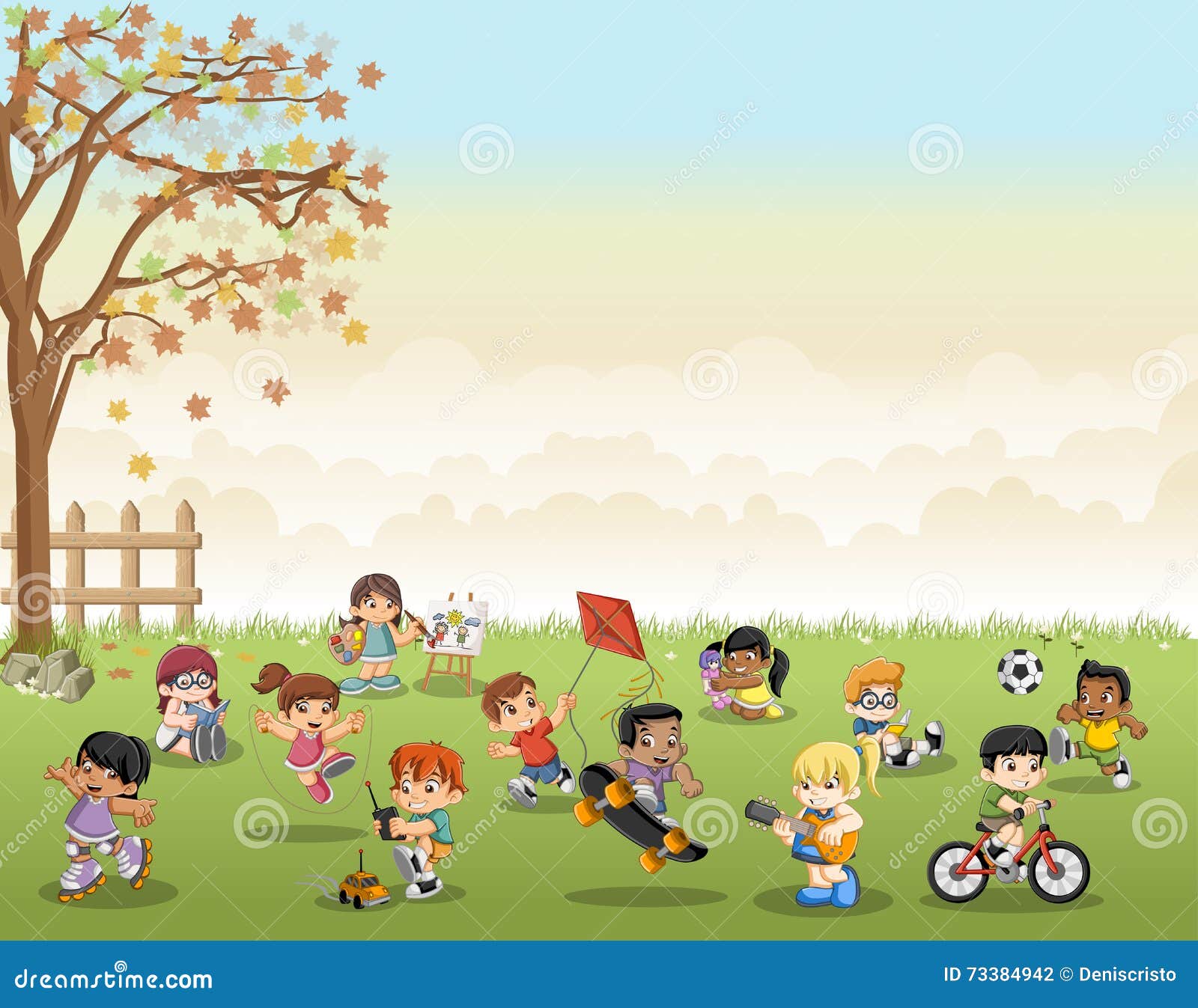 Grass Landscape With Cute Cartoon Teenagers. Vector Illustration ...