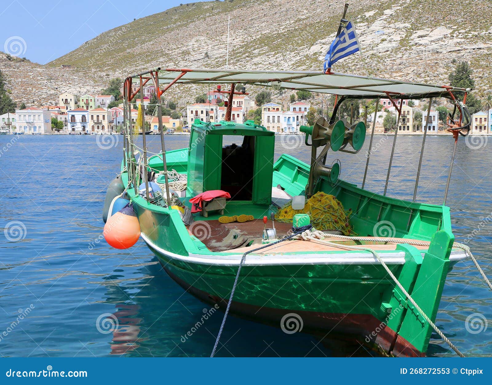 Greek Fishing Boat with Greek Flag and Yellow Fishing Nets Moored in  Kastellorizo Stock Image - Image of greece, megisti: 268272553