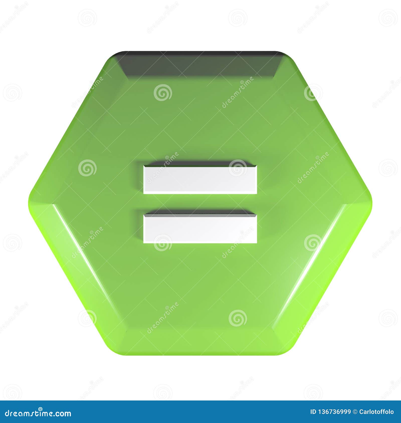 green hexagonal push button with the sign = for the equality - 3d rendering 