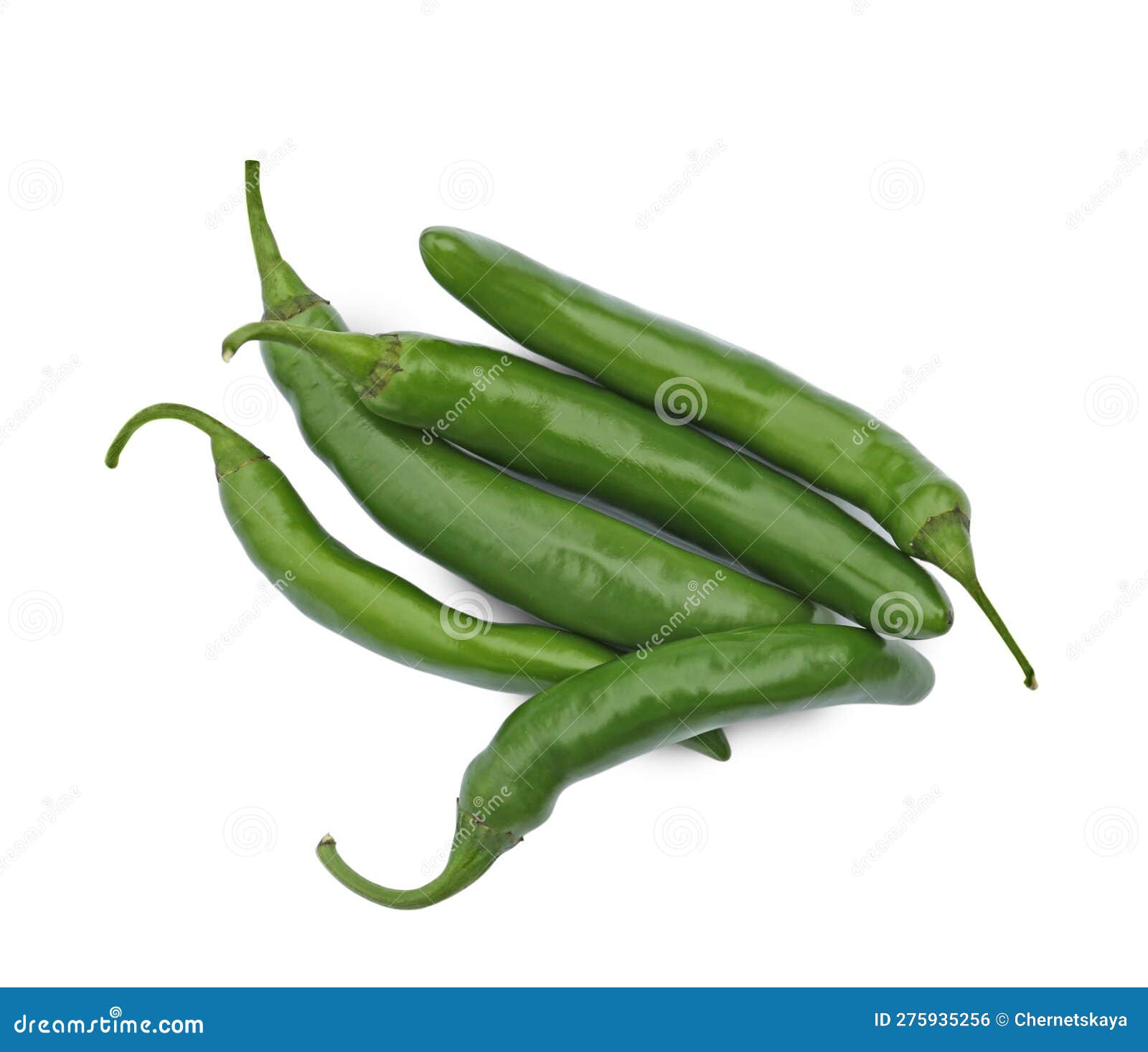 Green Hot Chili Peppers on White Background, Top View Stock Photo