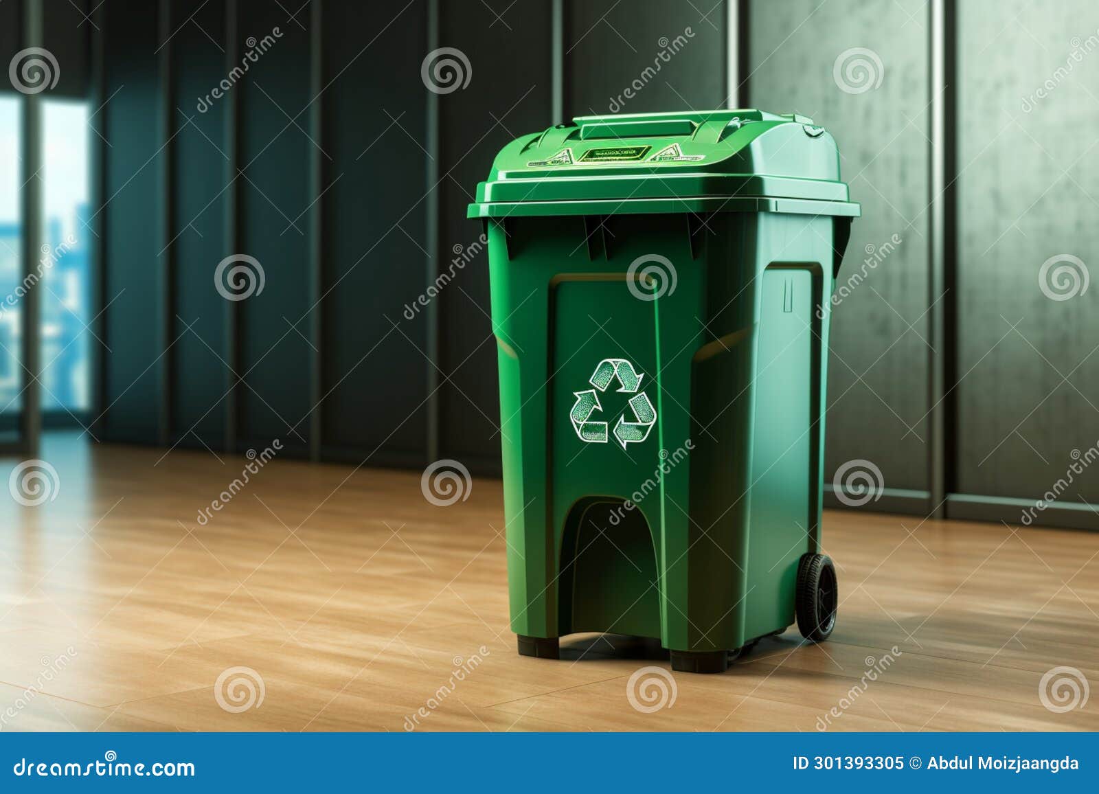 green initiative recycling bin placed conveniently close to the wall