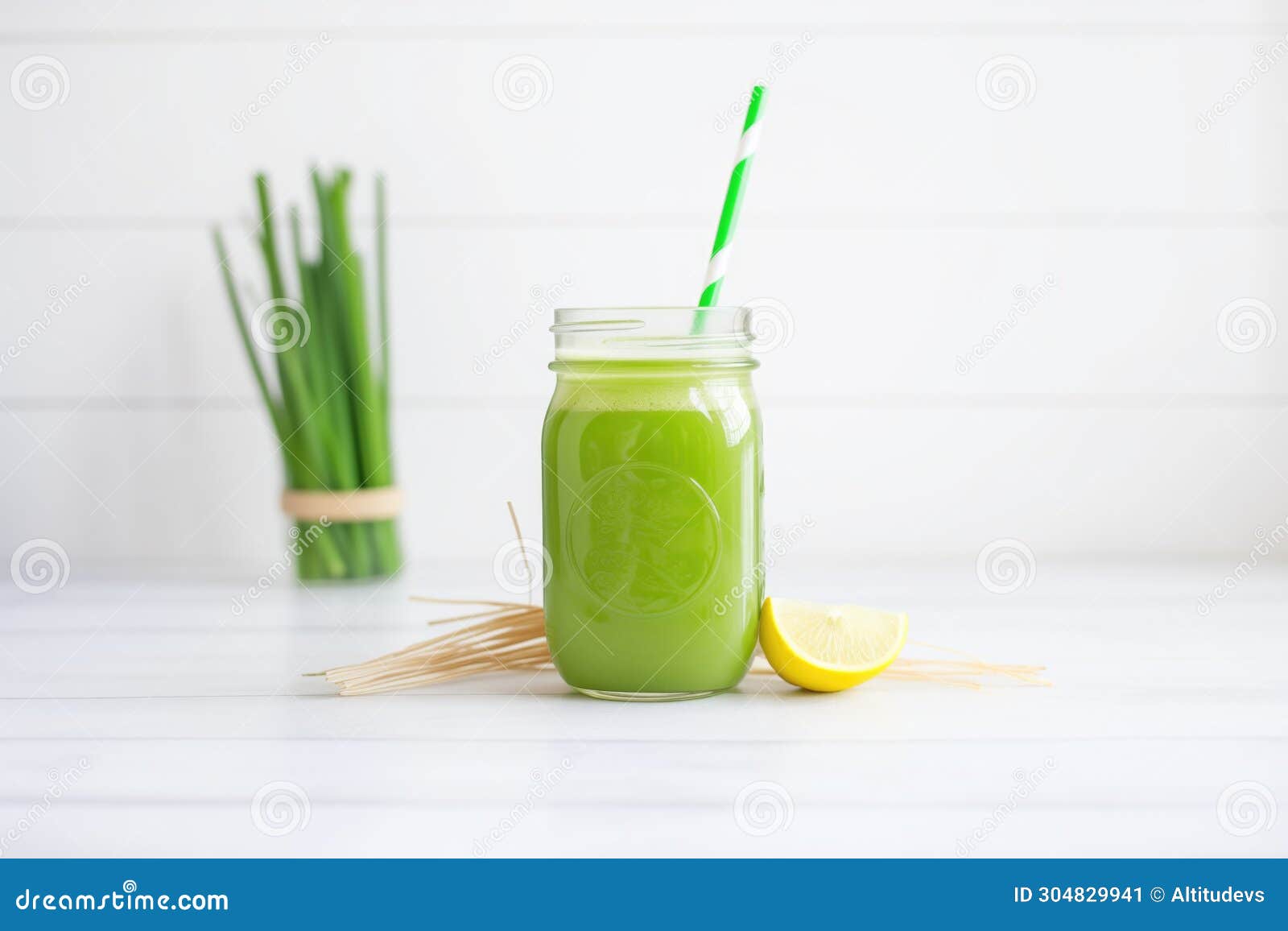 Green Juice in Mason Jar with Straw and Lime Slice Stock Image Image