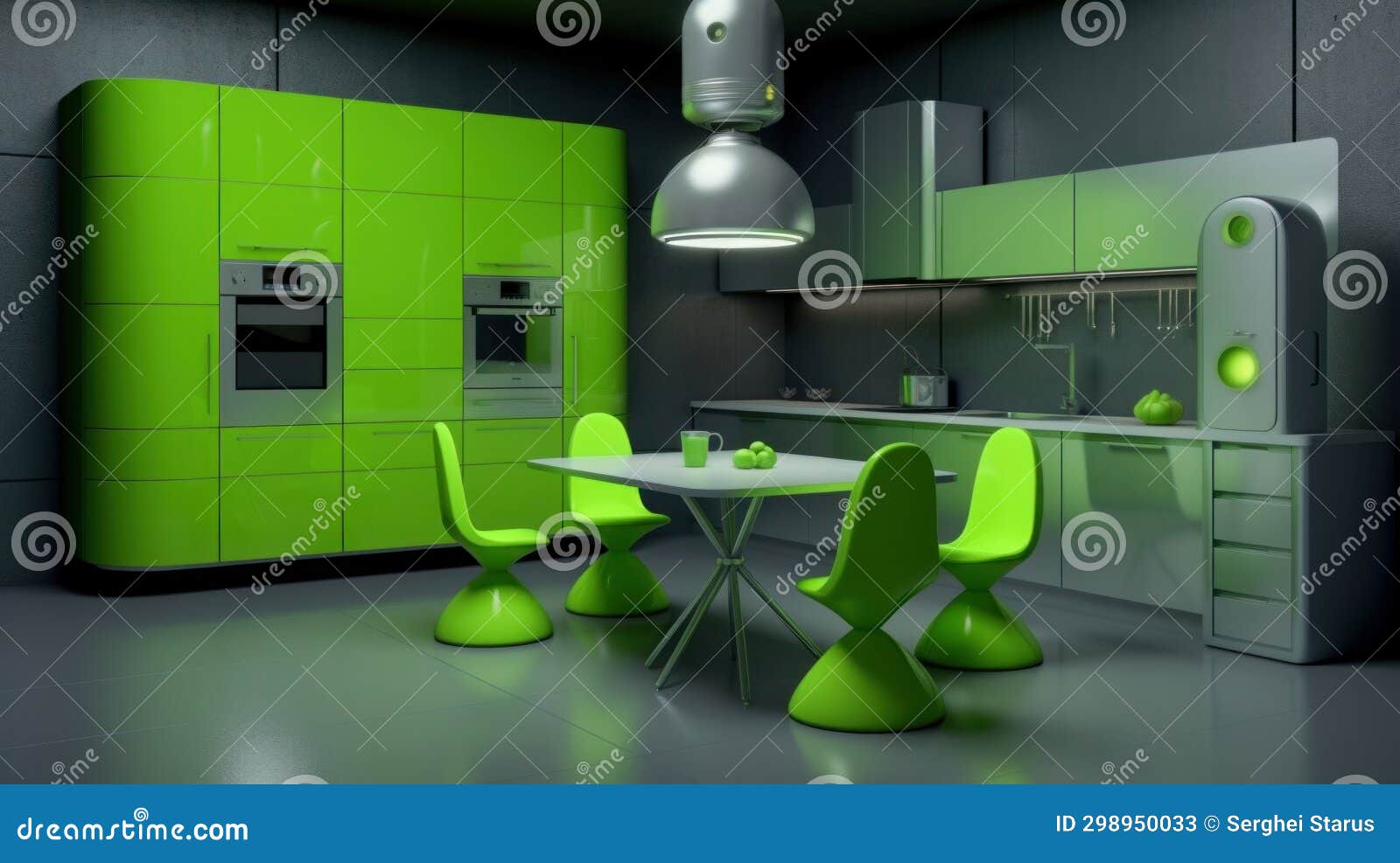 A Green Kitchen with a Table and Chairs, AI Stock Illustration