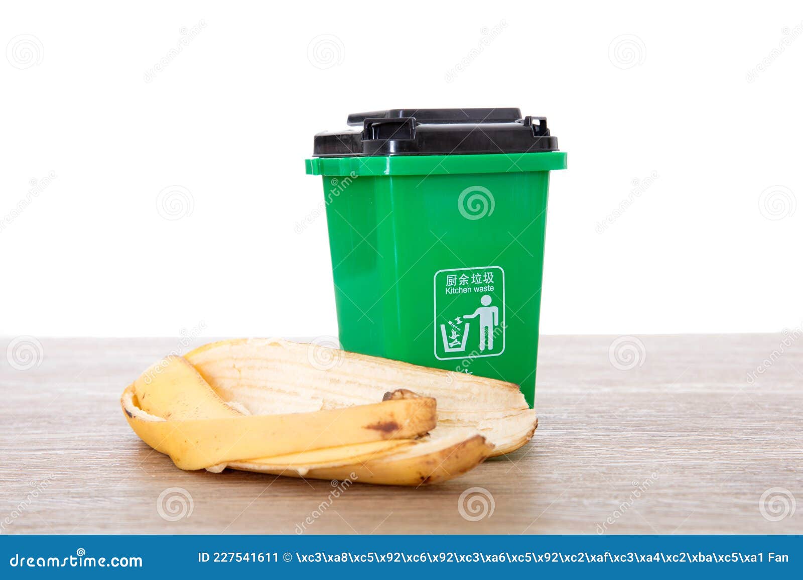 Green Kitchen Waste Trash Bin Model and Banana Peel in Waste Sorting