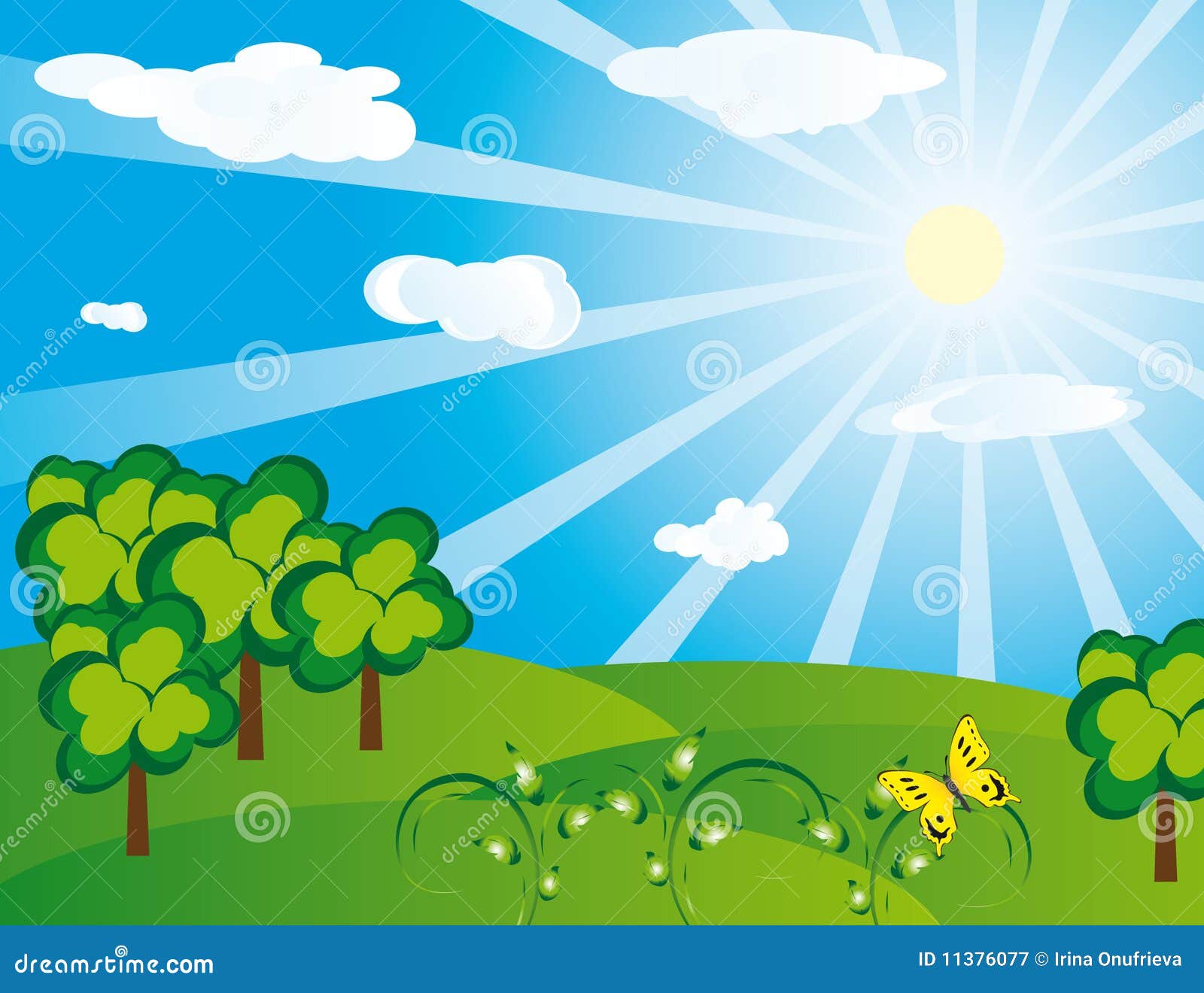 Green landscape on a sunny day. Vector illustration