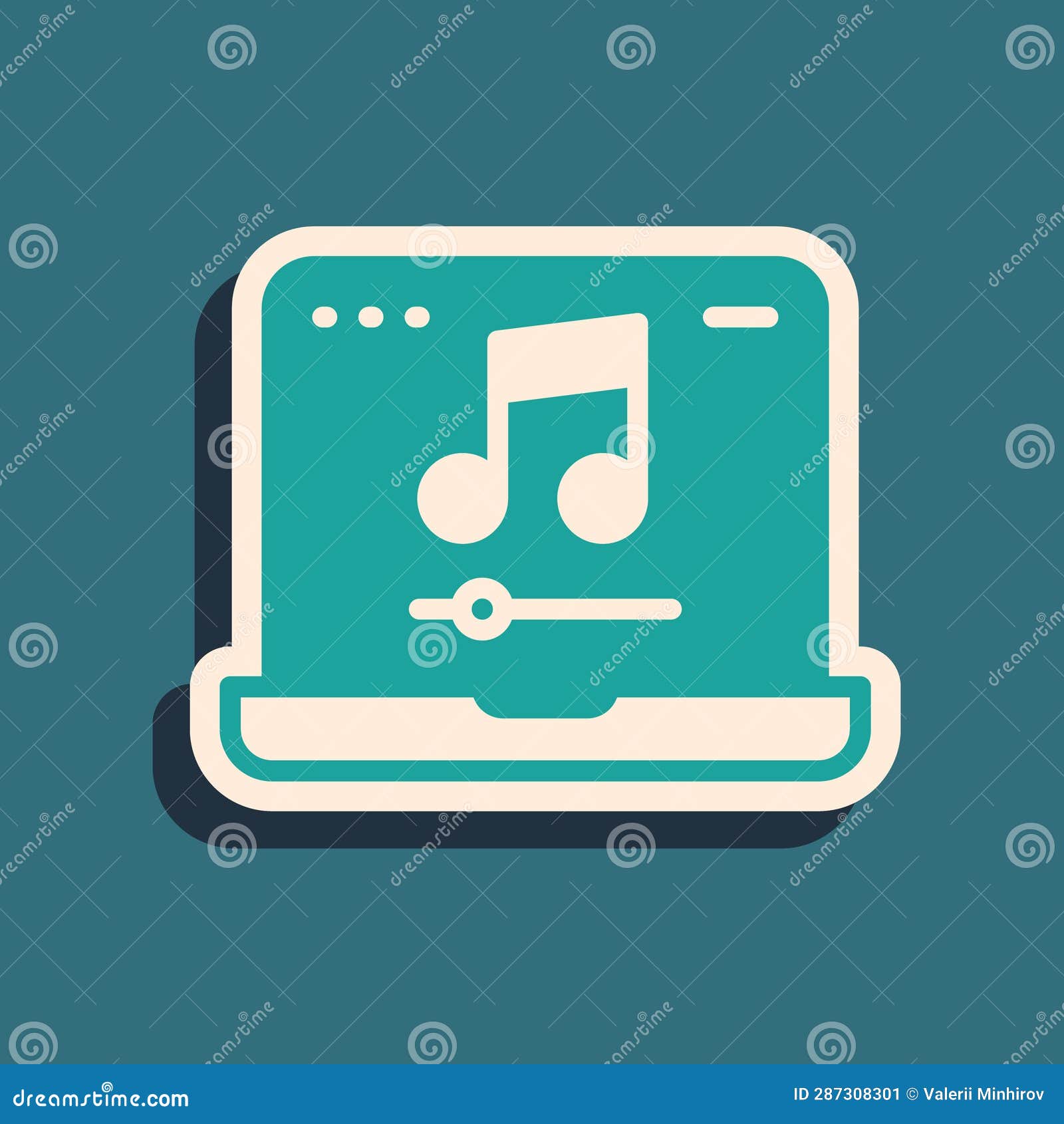 Green Laptop with Music Note Symbol on Screen Icon Isolated on Green