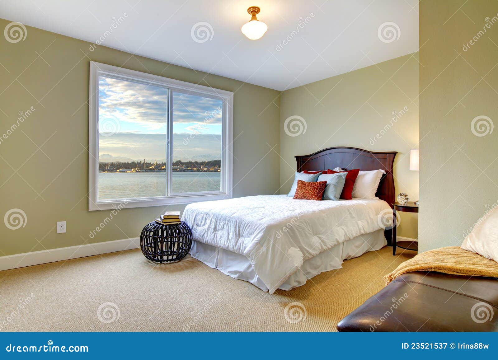Green Large Bedroom with White Bed and Water View. Stock Image Image of pillow, simple 23521537