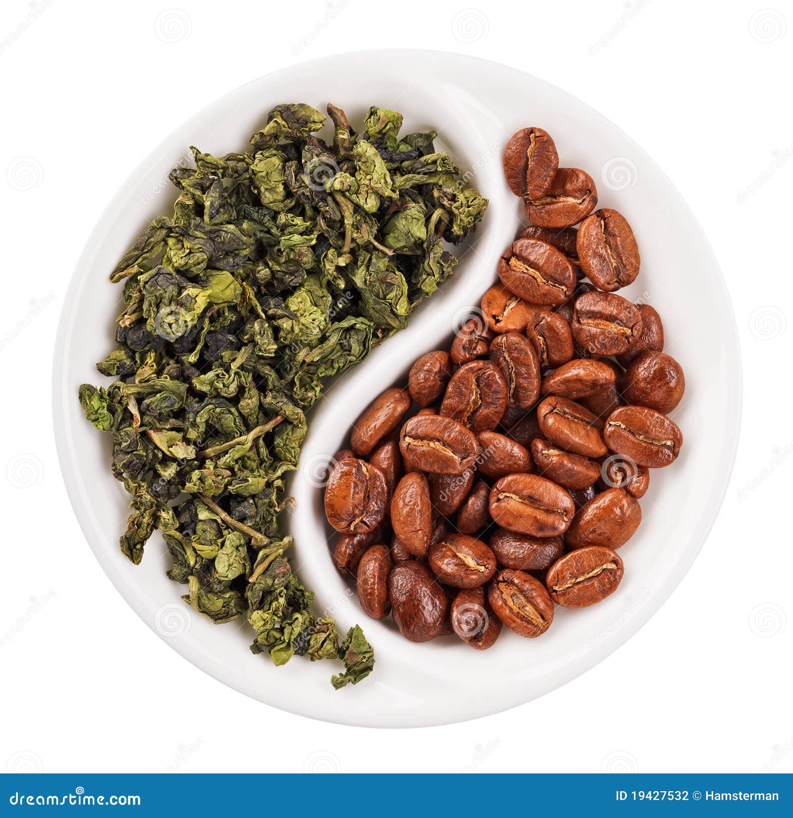 Green Leaf Tea Versus Coffee Beans In Yin Yang Stock Photo Image of
