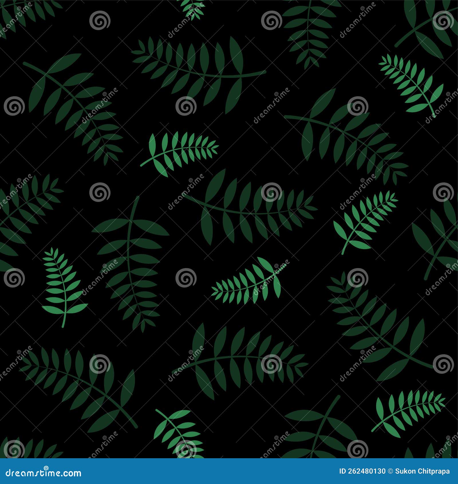 Green Leaves on Black Background Pattern Seamless Stock Vector