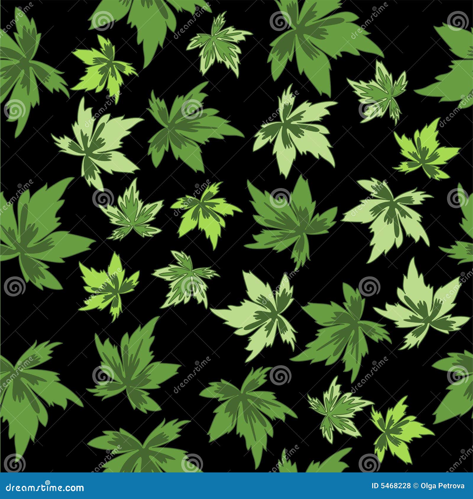 Green Leaves on Black Background. Seamless. Stock Vector Illustration