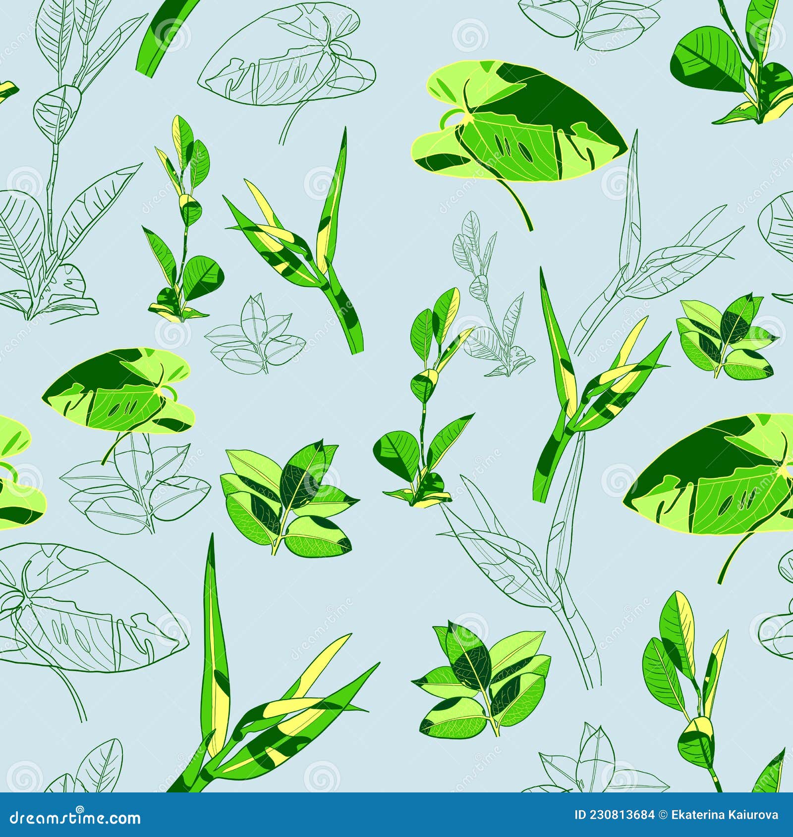 Green Leaves on a Blue Background. Seamless Pattern Stock Illustration