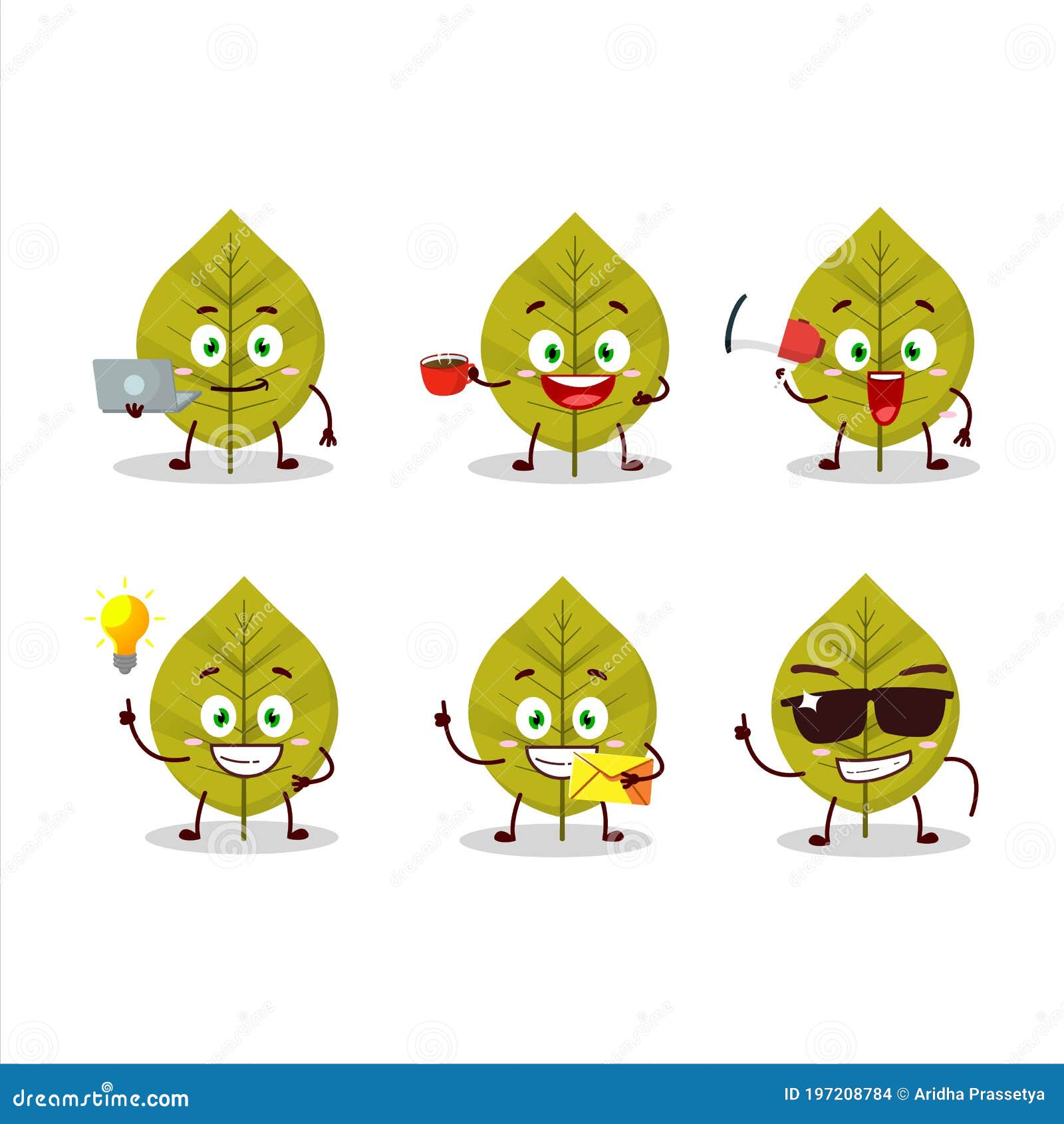 Green Leaves Cartoon Character with Various Types of Business Emoticons