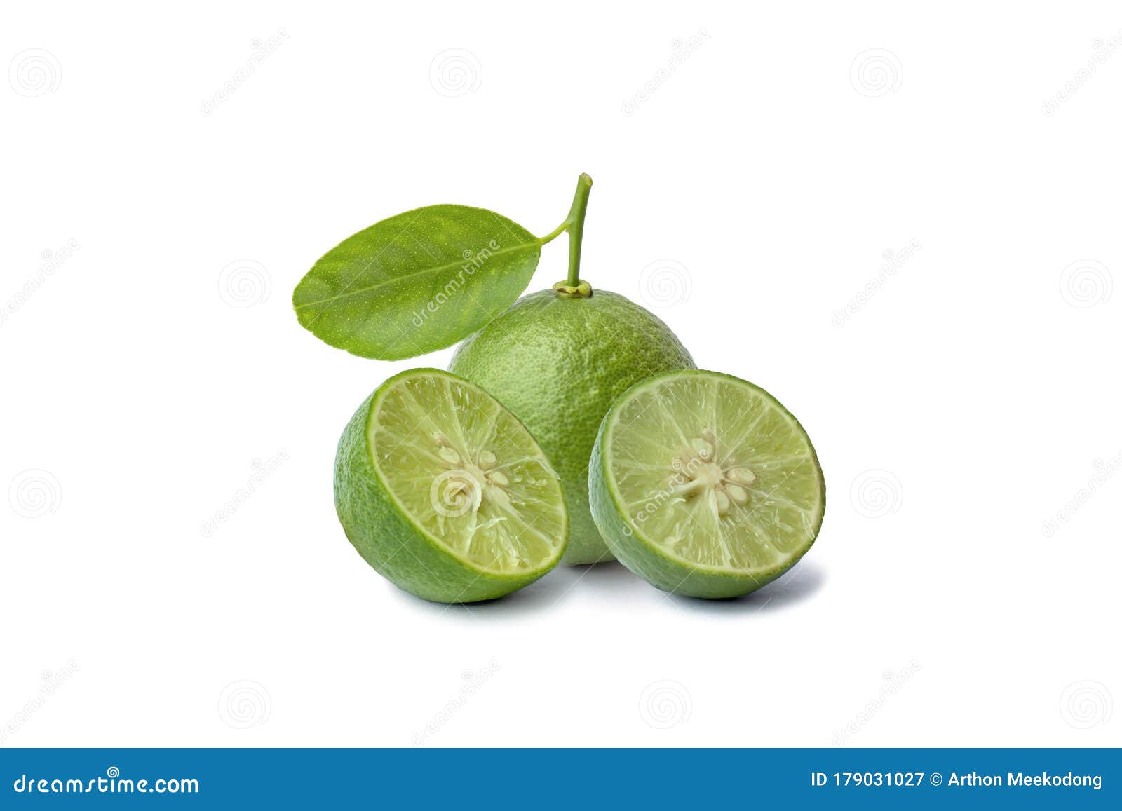 Green Lemons with Lemon Slices and Halves on a White Background. Stock