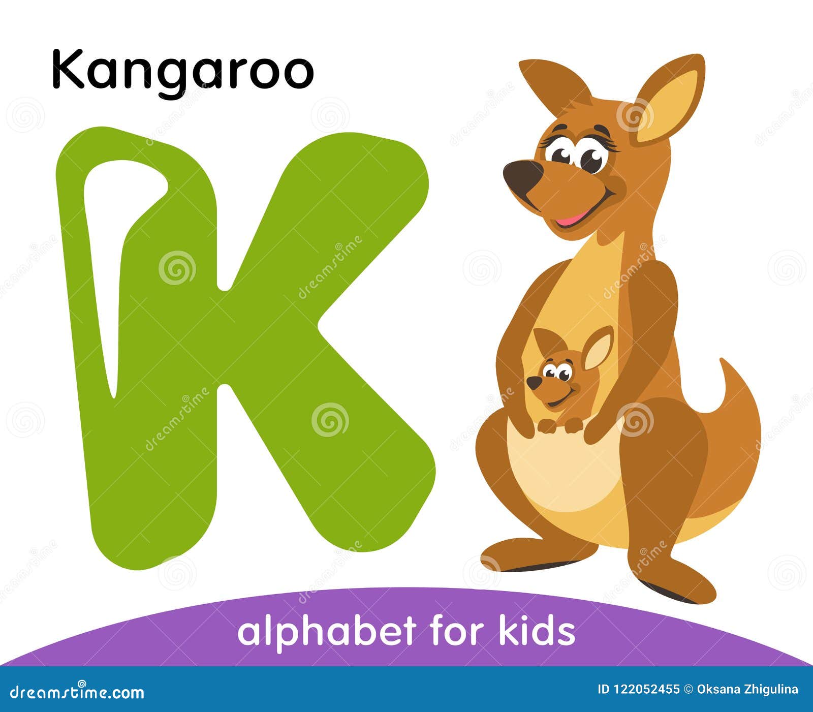 Green Letter K and Brown Cute Kangaroo. Stock Illustration ...