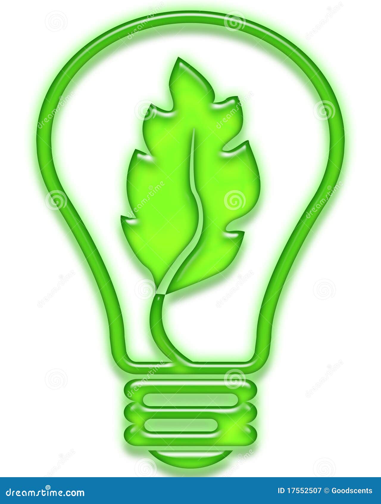 Green light bulb with leaf stock illustration. Illustration of