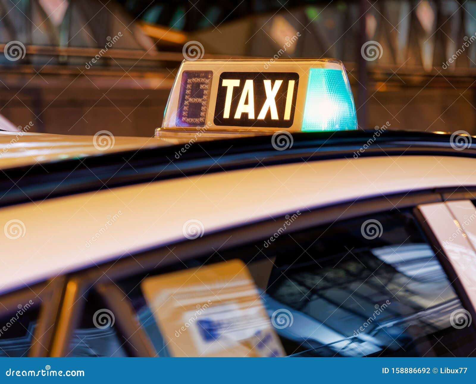 Green Light on Taxi Sign at Night Stock Photo Image of auto, night 158886692