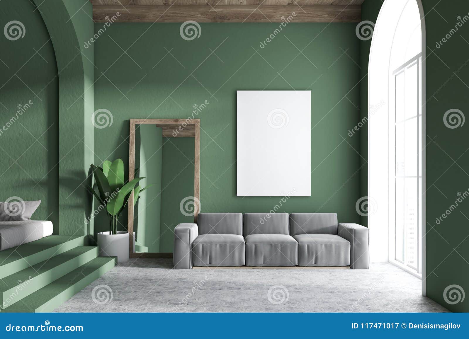 Green Living Room Interior Mirror And Poster Stock