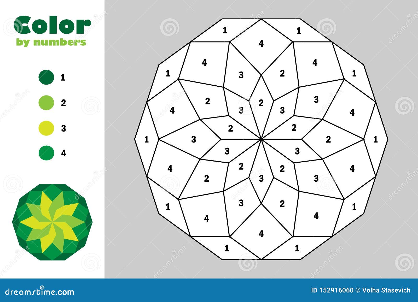 Green Mandala in Cartoon Style, Color by Number, Education Paper Game