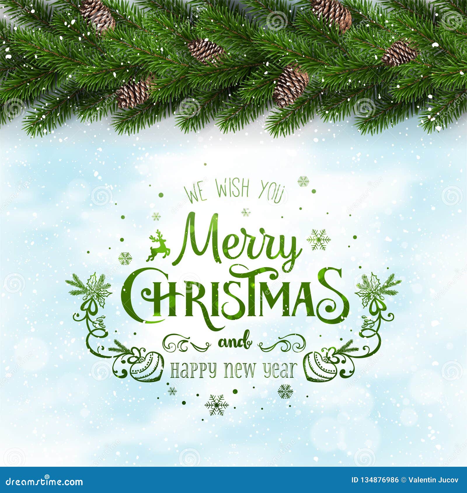 Green Merry Christmas Typographical on Snowy Frozen Background with Garland  of Tree Branches Stock Illustration - Illustration of blue, invitation:  134876986