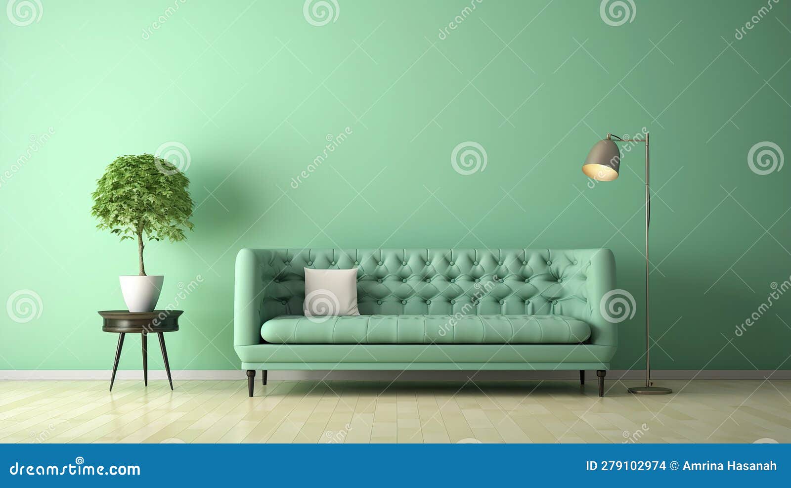 Green Mint Wall with Sofa and Sideboard on Wood Floor Interior