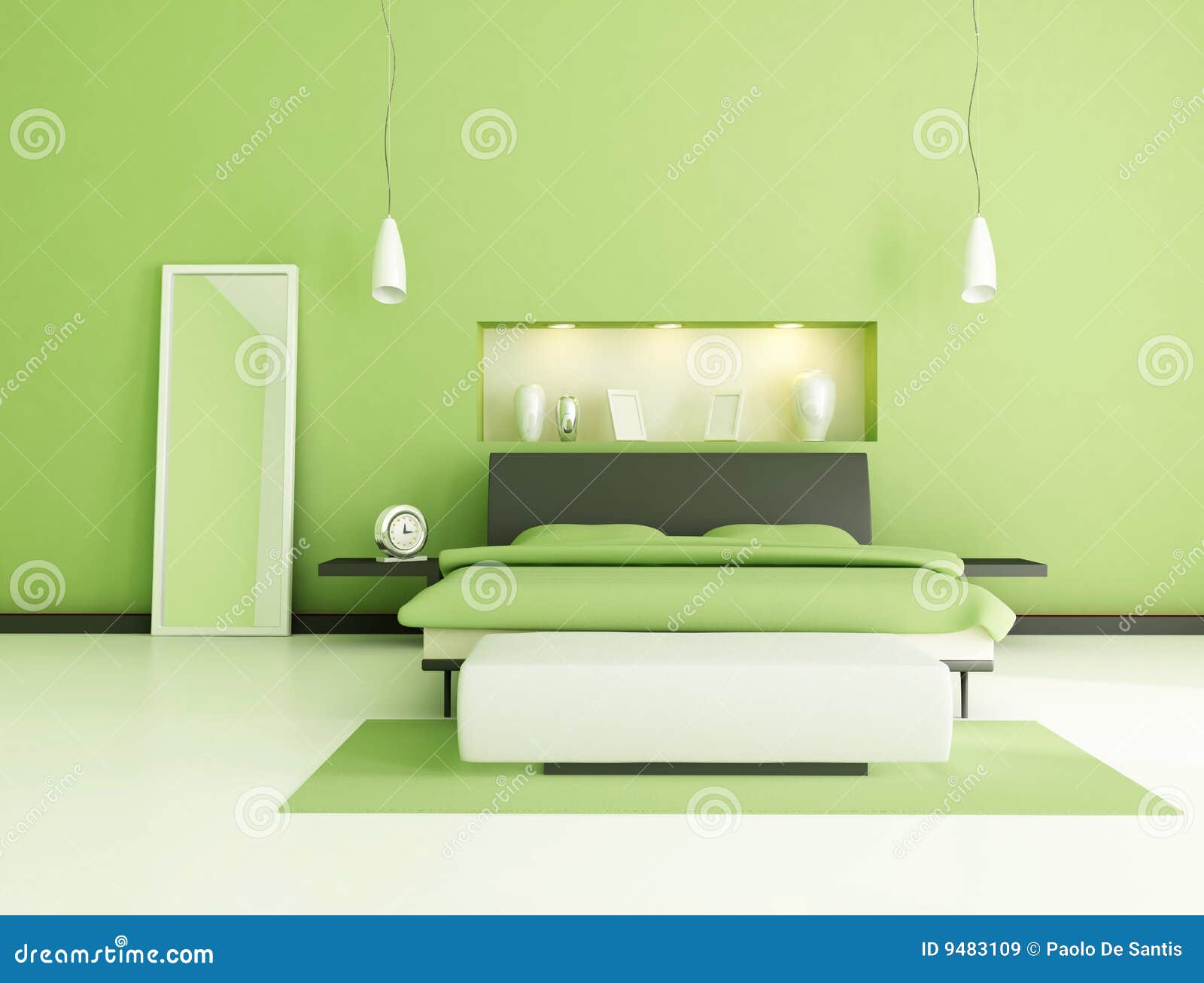 Green modern bedroom stock illustration. Illustration of clock 9483109